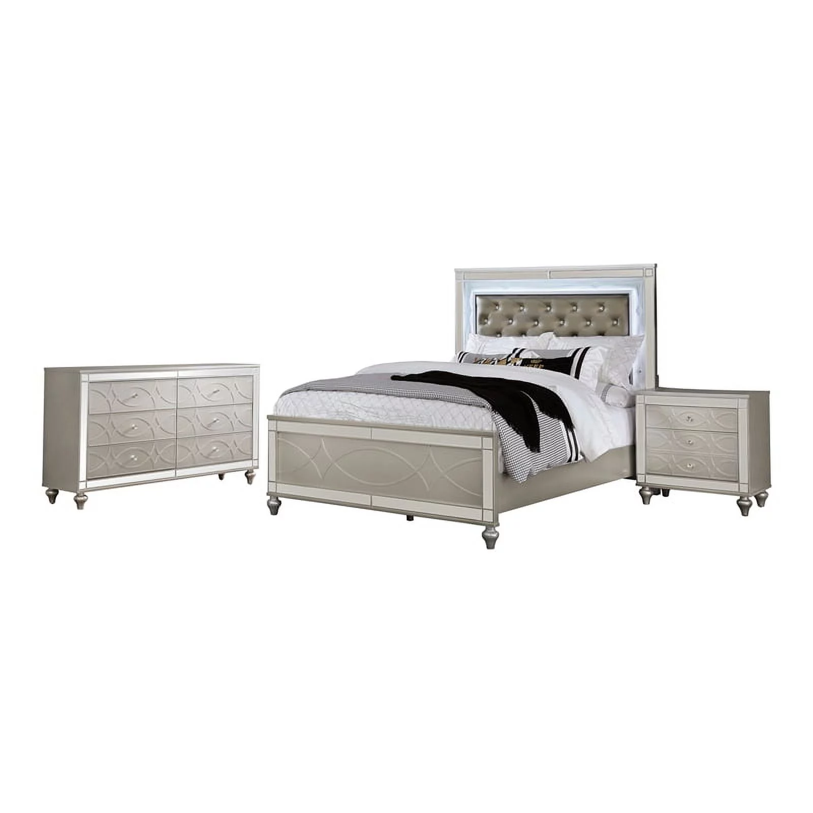 FOA Emegine 3-Piece Silver Wood Bedroom Set - Queen + Nightstand + Dresser