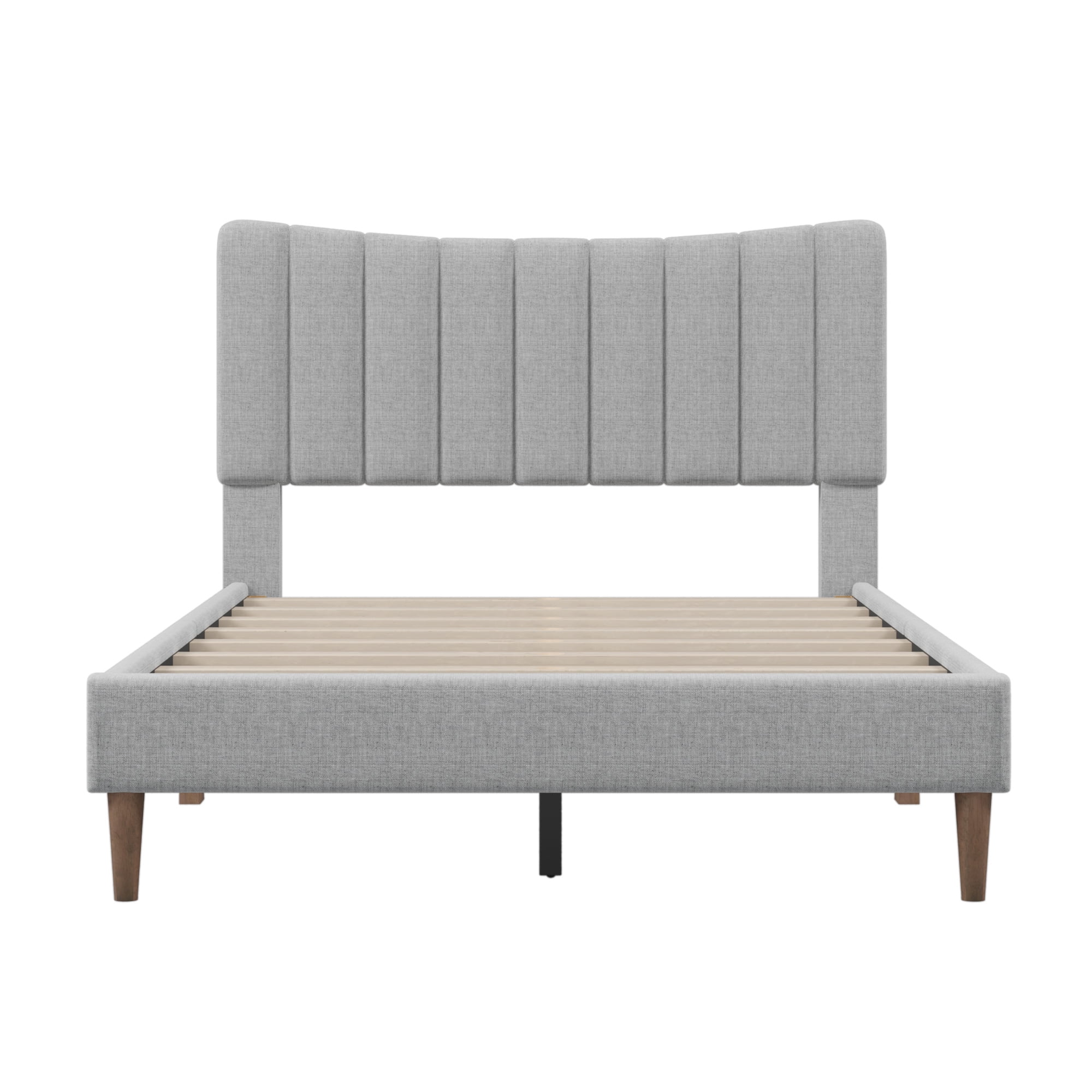 LANTRO JS Upholstered Platform Bed Frame with Vertical Channel Tufted Headboard, No Box Spring Needed, Full, Gray