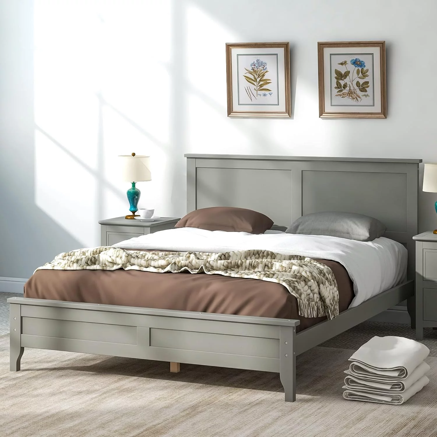Full Size Platform Bed, Modern Solid Wood Full Platform Bed Frame, No Box Spring Needed, Gray