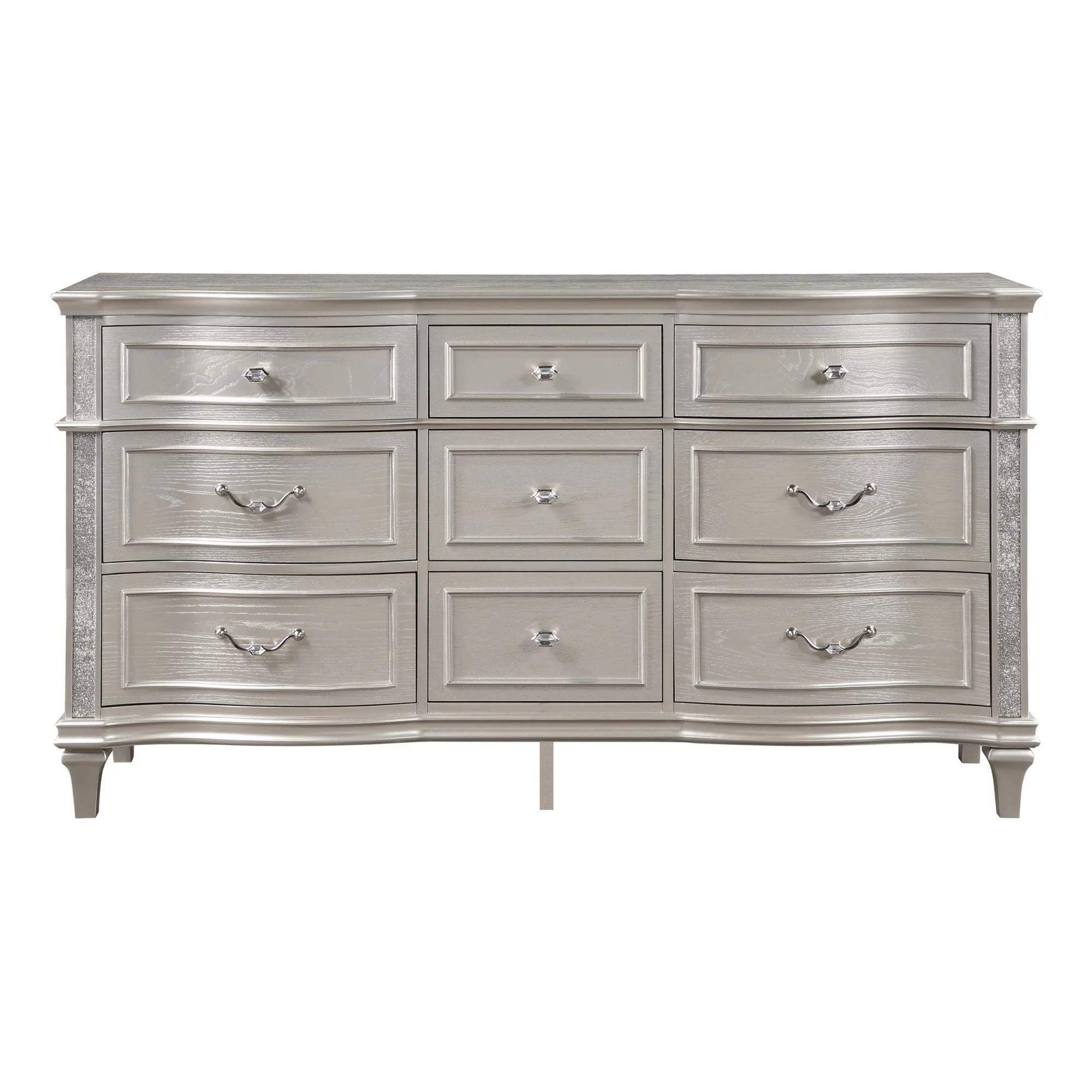 Benjara Inz 71 Inch 9 Drawer Wide Dresser, Elegant Trim Details, Classic Silver