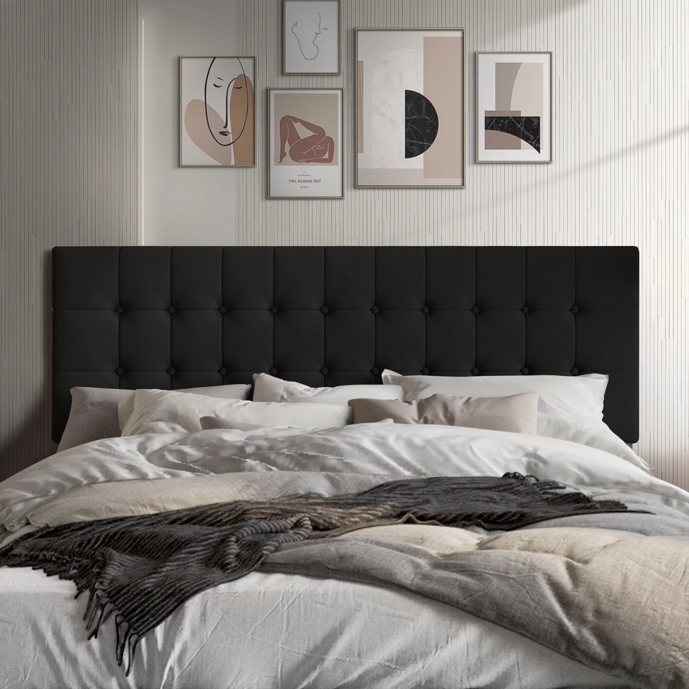 Castle Place Upholstered Button Tufted Linen Headboard, Black, Full