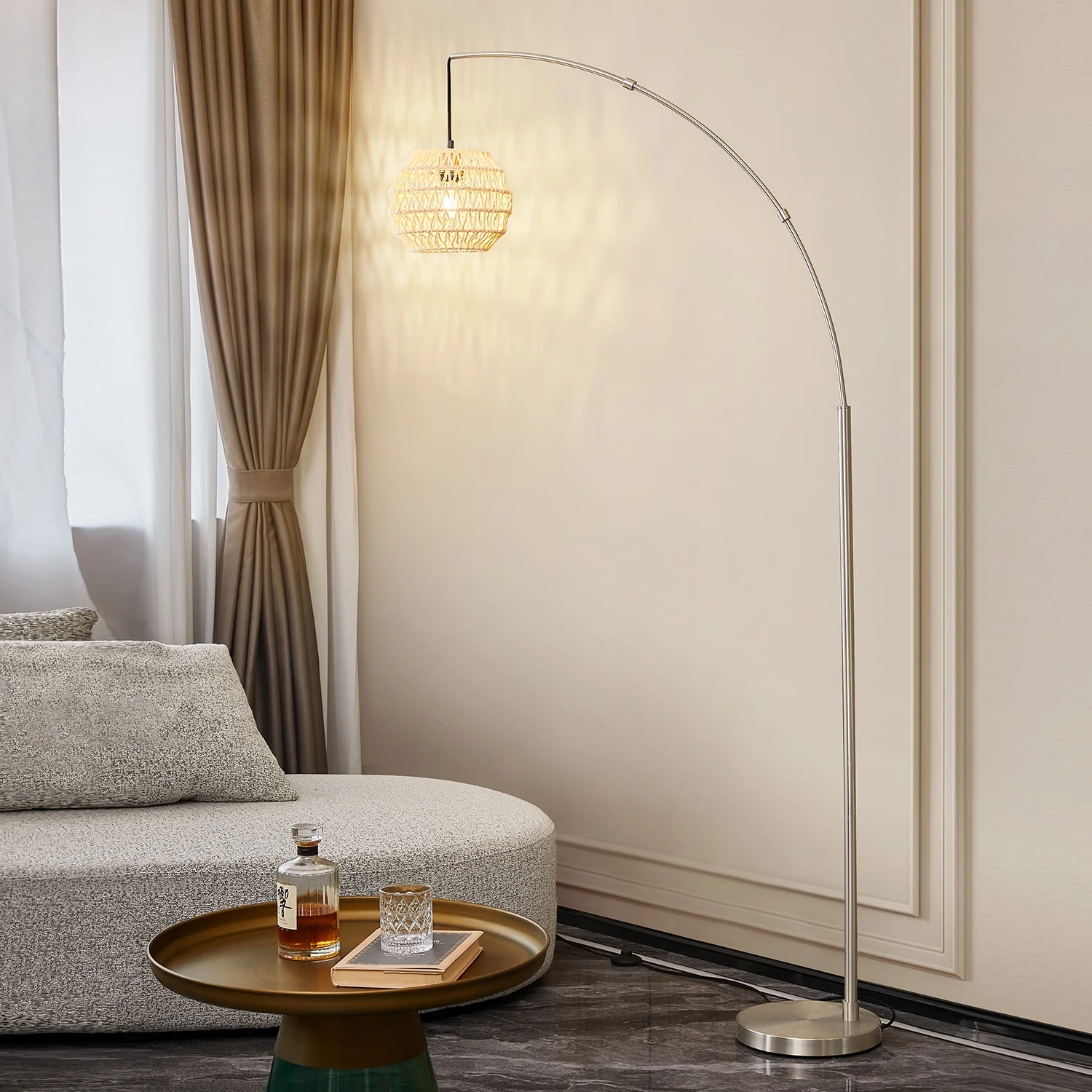 Oneach Arc Floor Lamp, Modern Industrial Silver Metal Standing Lamp for Living Room and Bedroom, 82