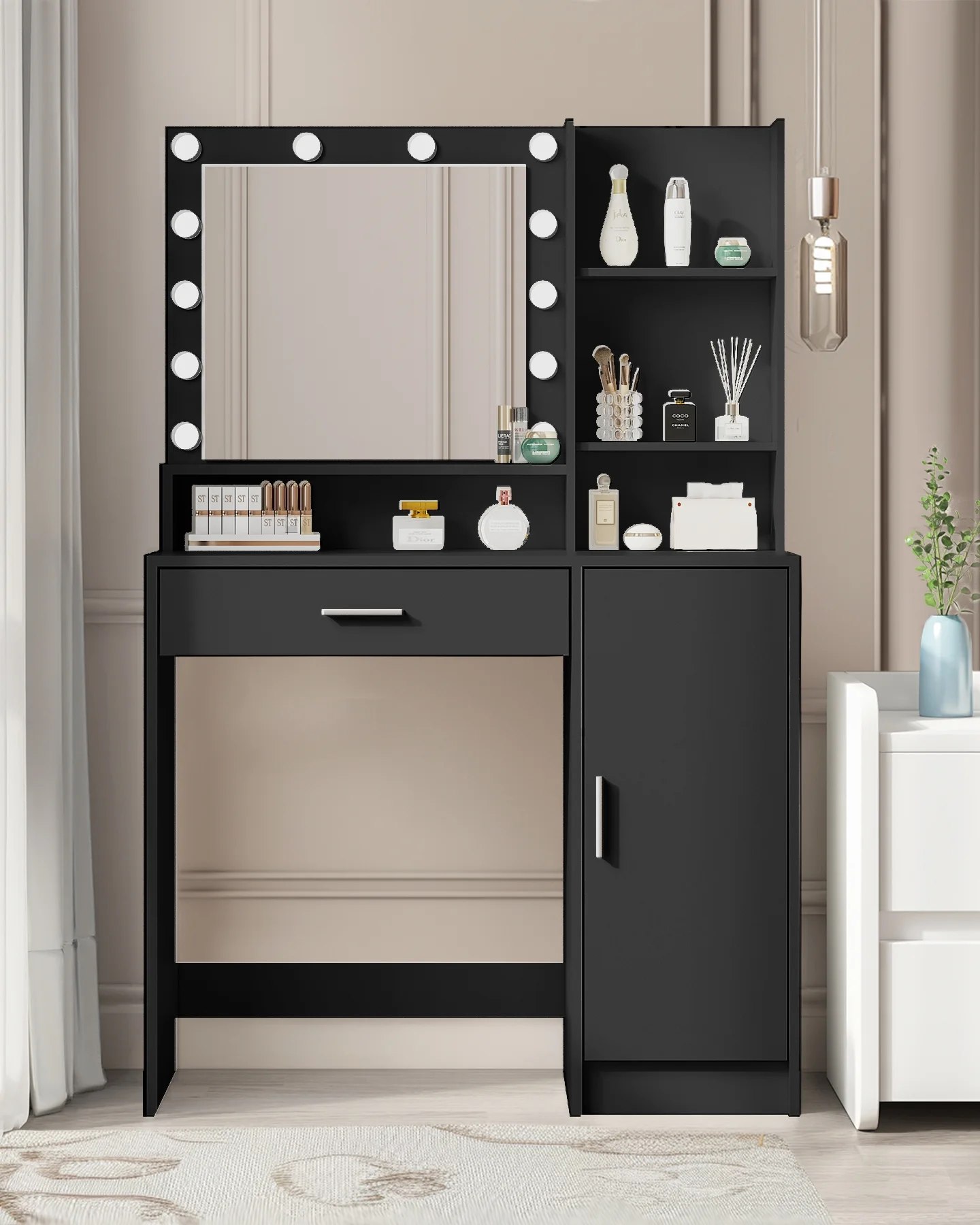 Whiteleopard Vanity Desk with Mirror & Light,Bedroom Makeup Table,Large Drawer & Three Level Storage Dresser,3 Lighting Modes Adjustable Brightness,Black
