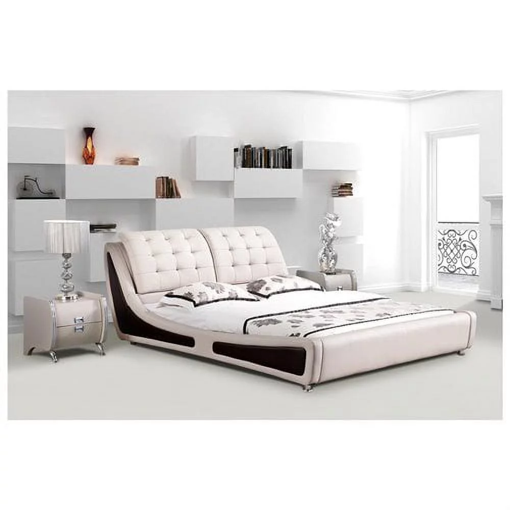 US Pride Furniture Victoria Contemporary Button Tufted Faux Leather Platform Bed, White/Black, Queen