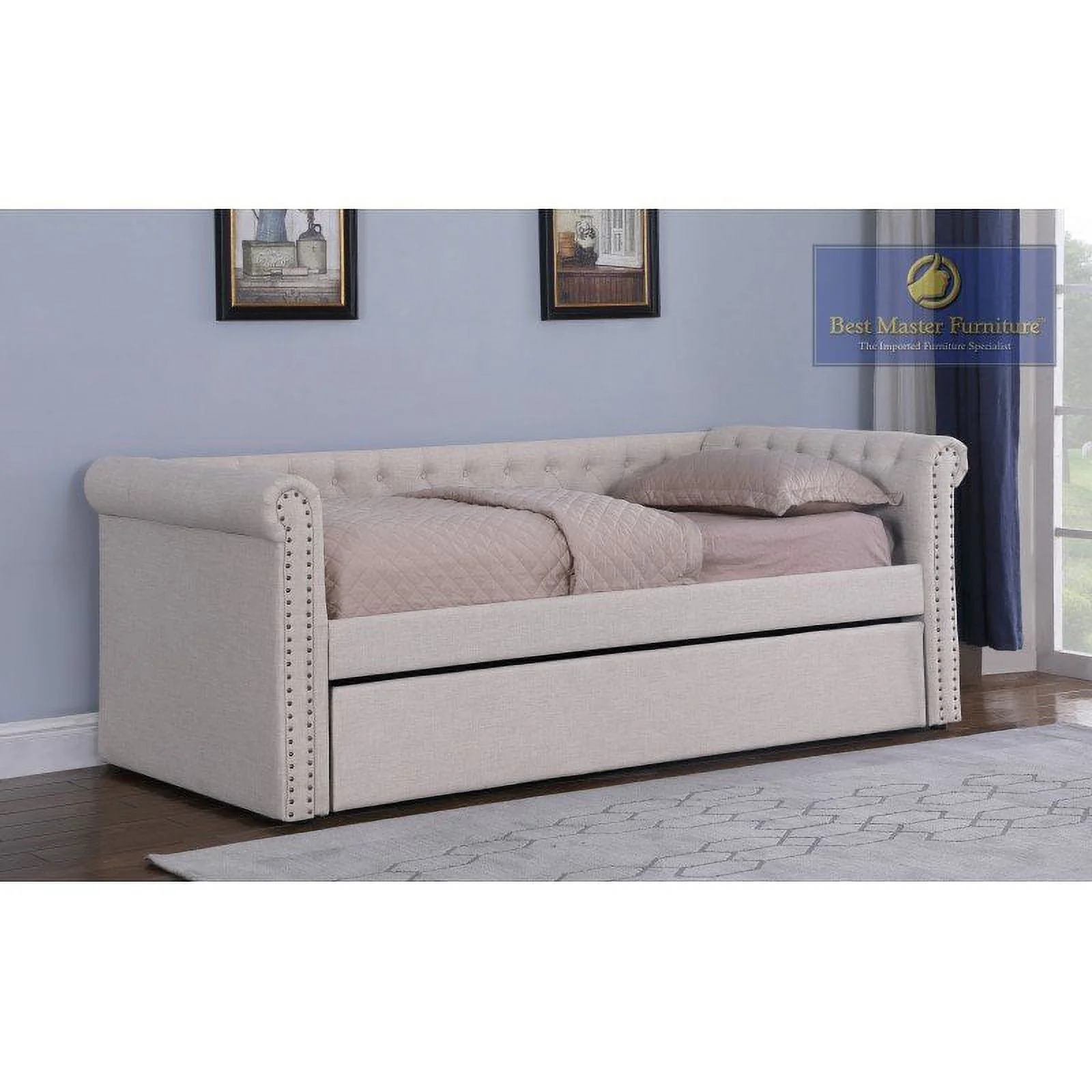 Best Master Furniture Tufted Transitional Fabric Daybed with Trundle in Beige