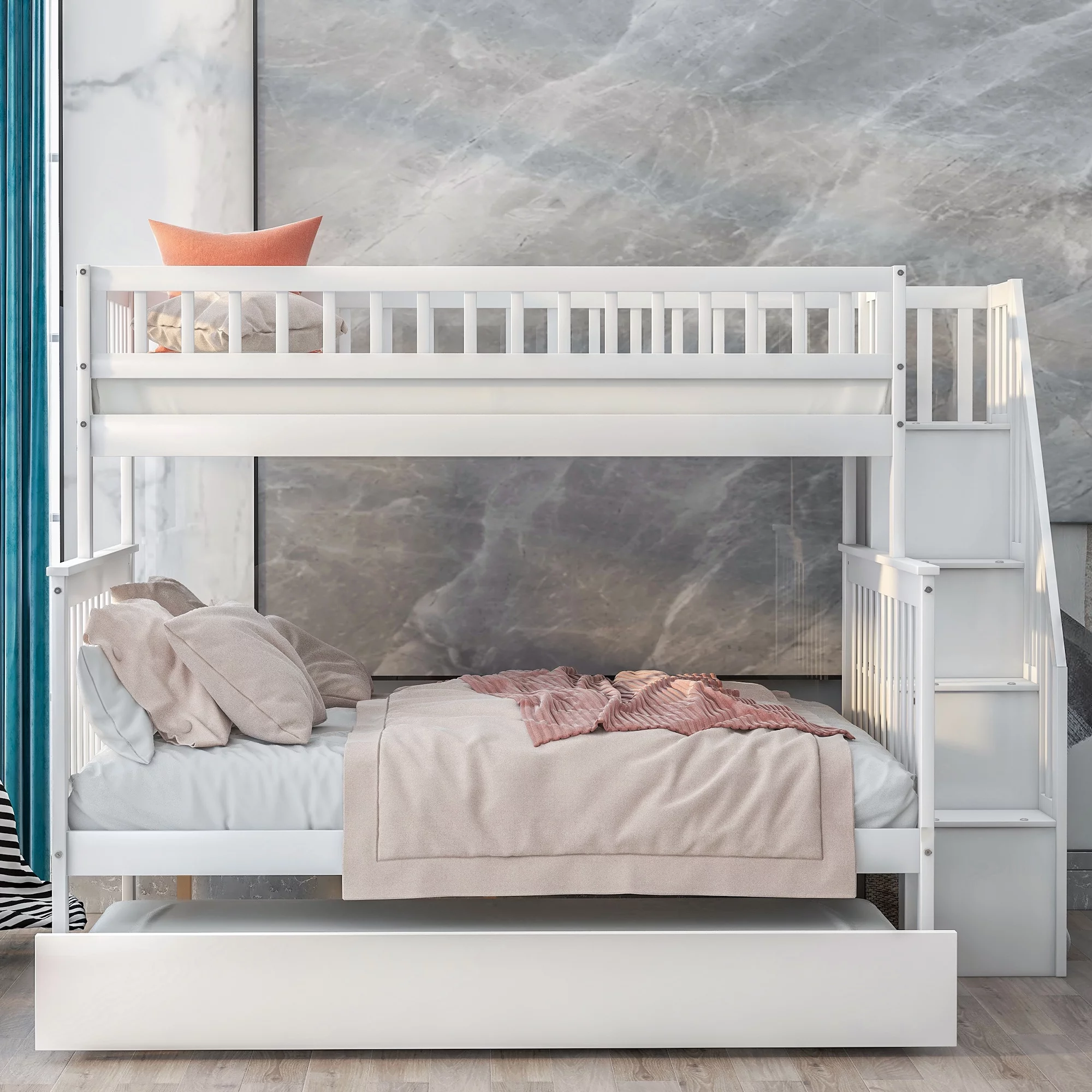 Nestfair White Twin over Full Bunk Bed with Trundle and Staircase