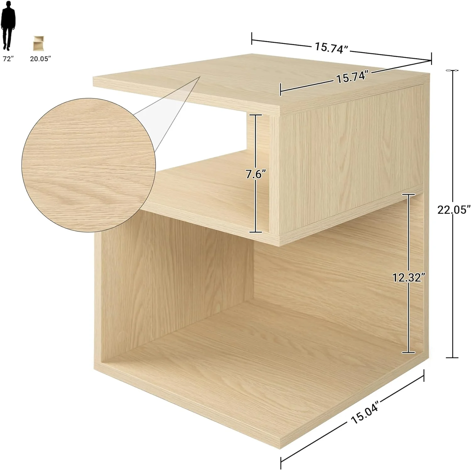 Minimalist 3-Tier Wood Mirror Nightstand for Small Spaces with Open Storage - Japanese-Inspired Bedside Table for Bedroom