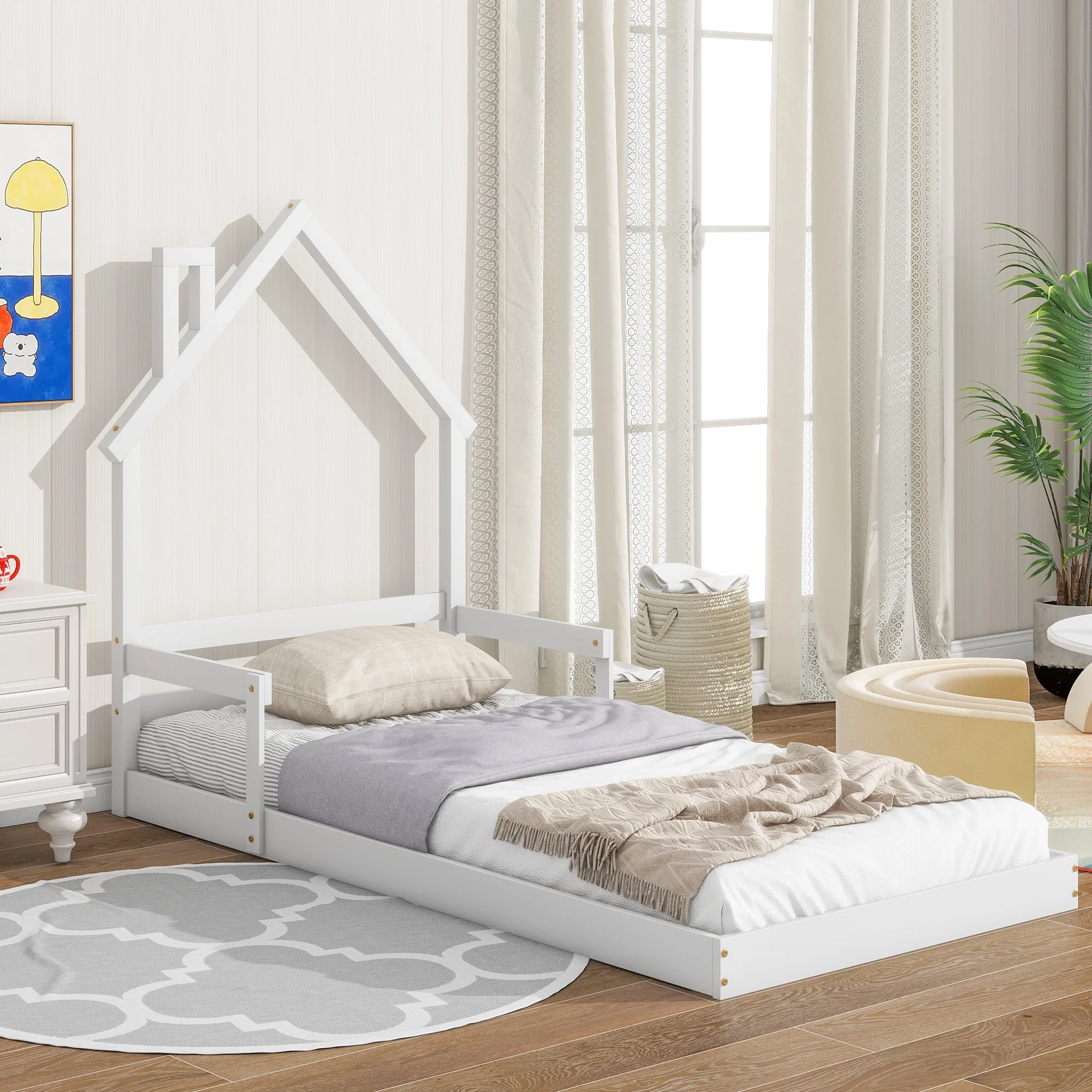 PAPROOS Twin Size Floor Platform Bed with House-Shaped Headboard and Handrails, Solid Wood Floor Bed for Kids Boys Girls, House-Style Twin Bed Frame with Support Slats, No Box Spring Needed, White