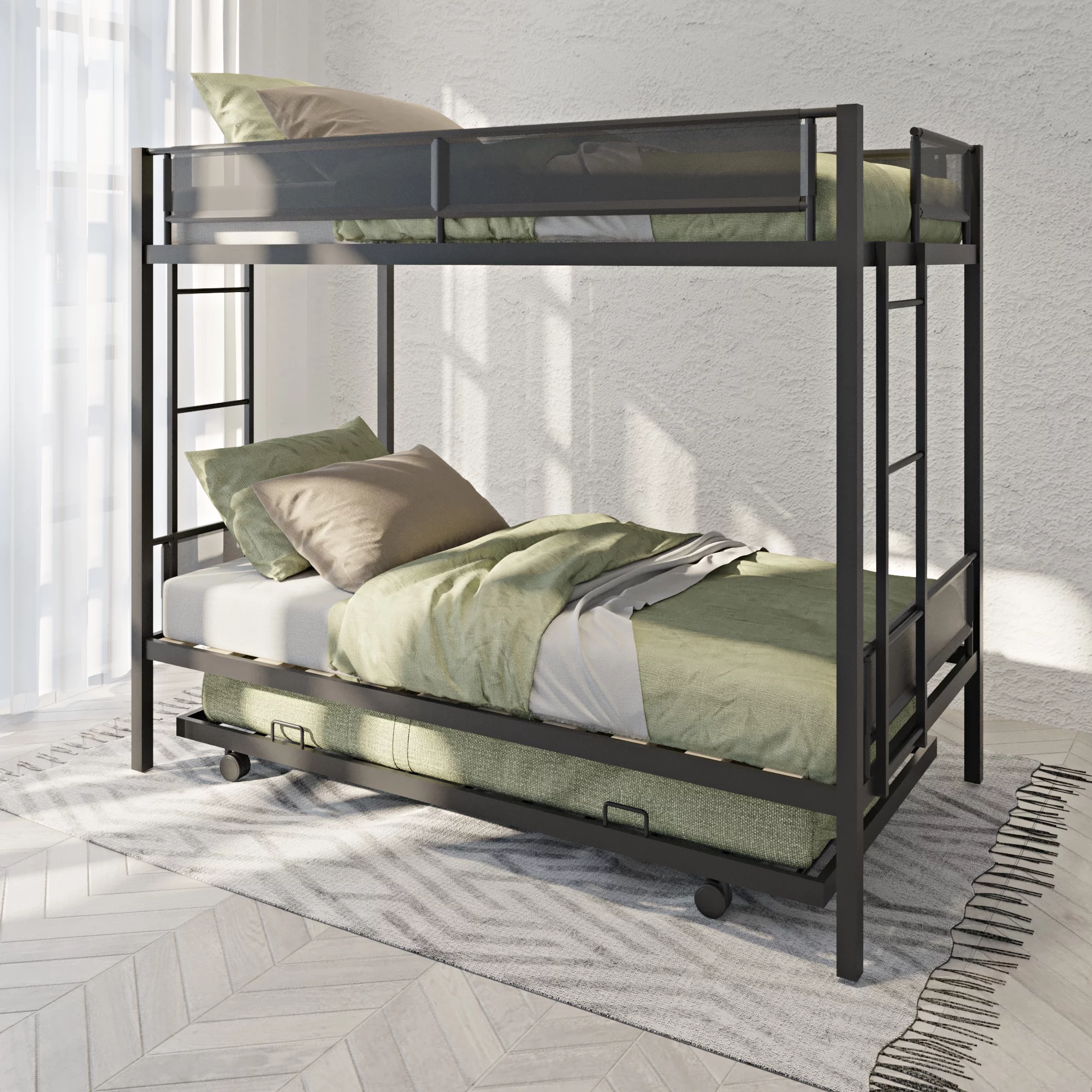 uhomepro Metal Twin Over Twin Bunk Bed with Trundle, Fabric Guard Rails, Wood Support Slats, No Box Spring Needed, Black
