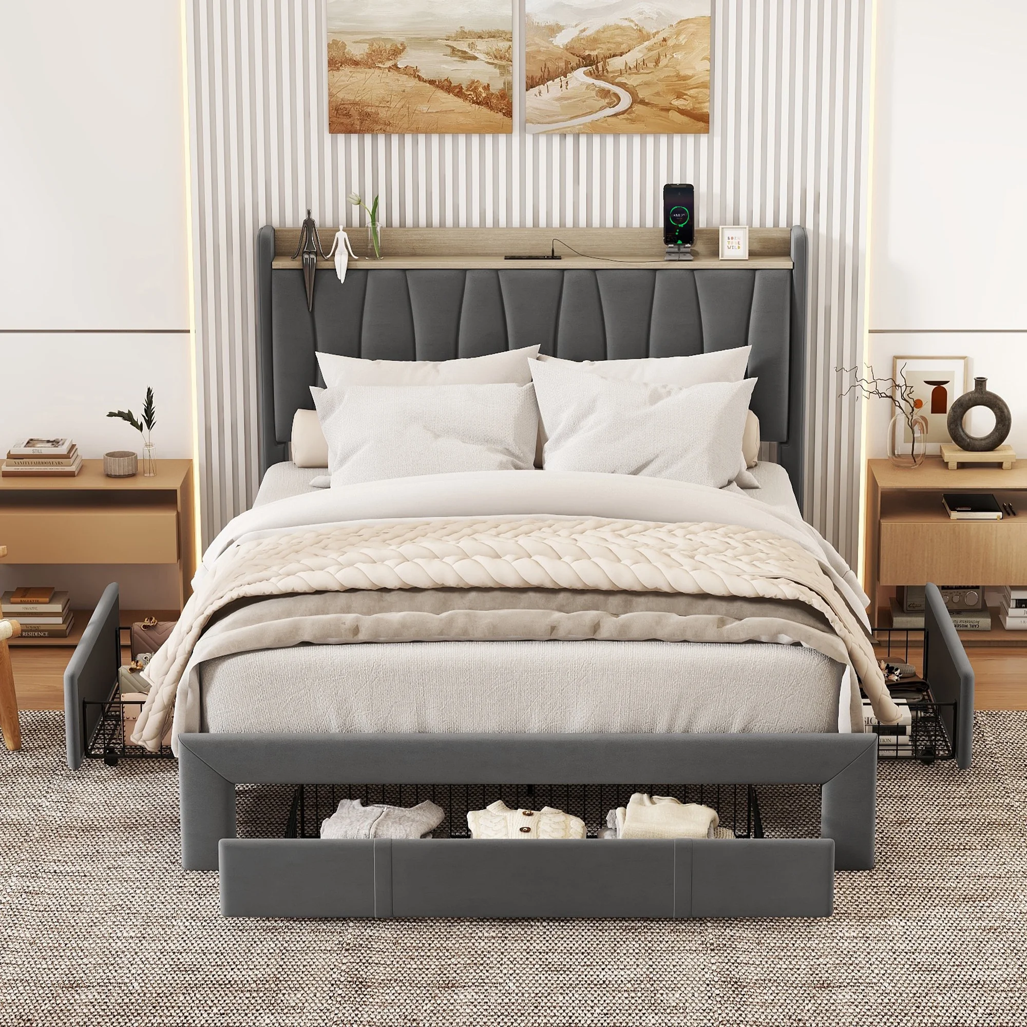 Bellemave Queen Size Bed Frame with 3 Drawers, Upholstered Platform Bed with Storage Headboard and Charging Station, No Box Spring(Dark Gray)