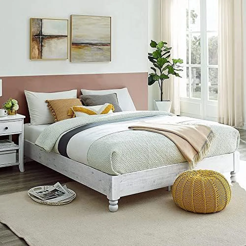 HBBOOMLIFE Wood Platform Bed Frame Rustic Style Mattress Foundation(no boxspring Needed) White Washed Finish King