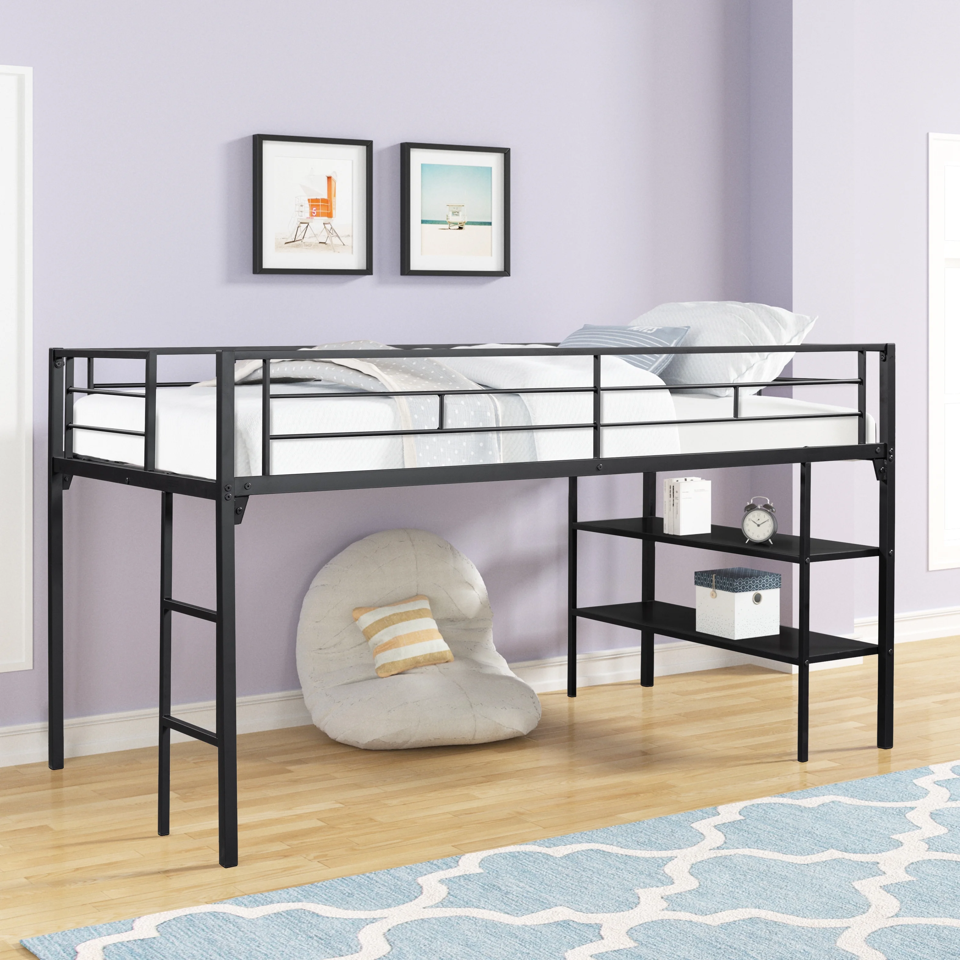 paproos Twin Size Metal Loft Bed, Black Metal Loft Bed with Shelves, No Box Spring Needed, Space Saving Design, Perfect for Dorm, Bedroom, Guest Room