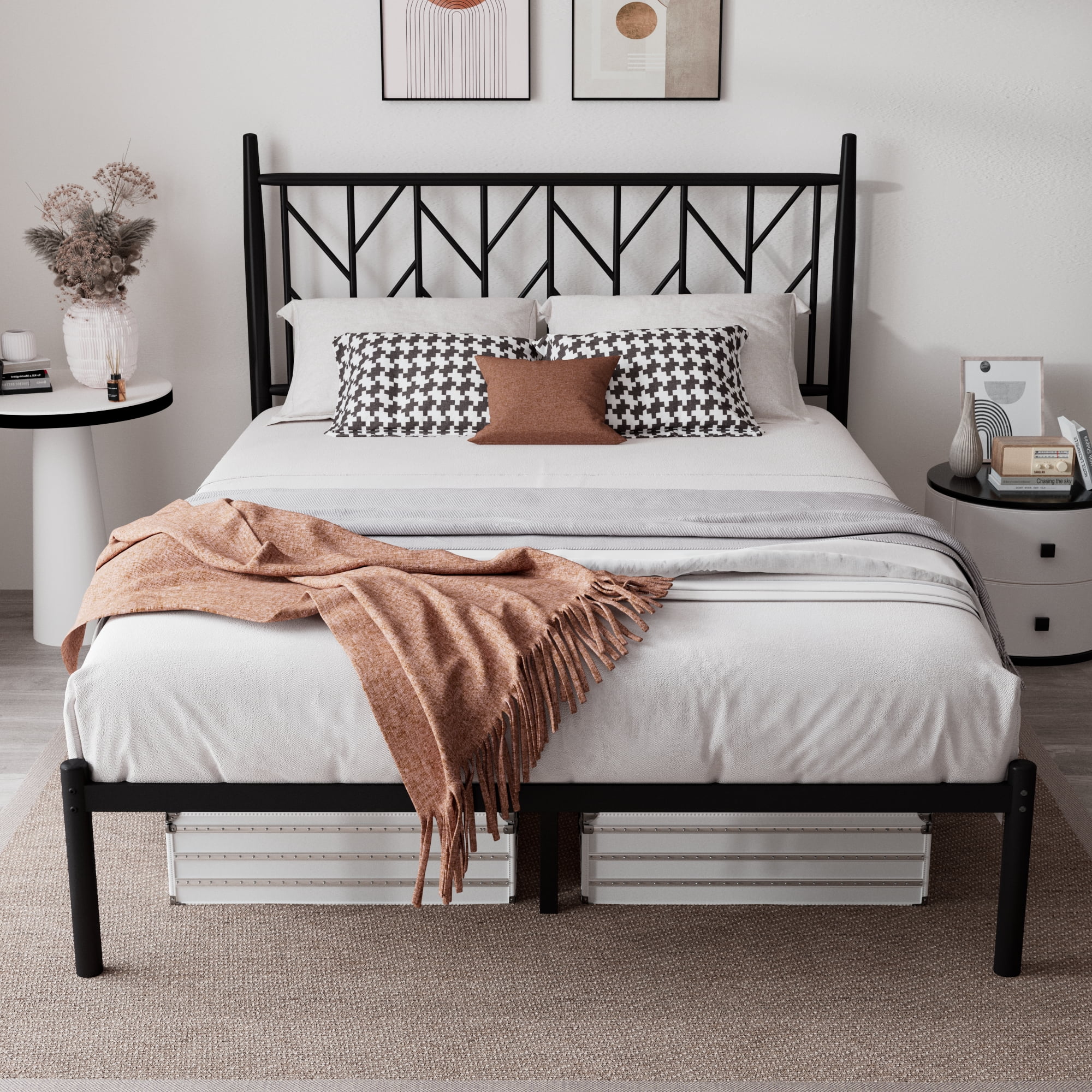 Allewie Black Queen Size Modern Metal Platform Bed Frame with Vintage Headboard and 12'' Under-bed Storage