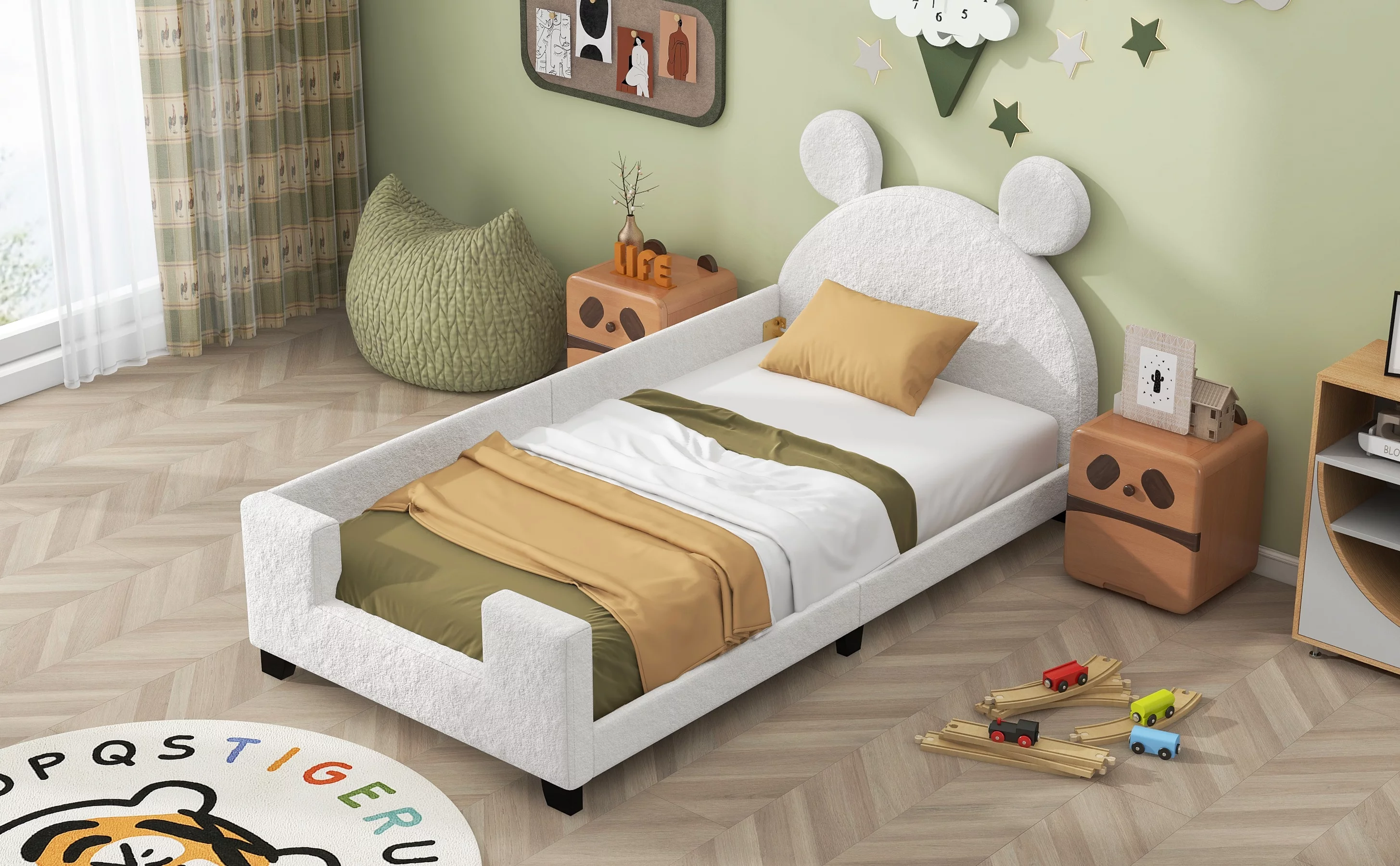 Docooler White Fleece Twin Size Upholstered Daybed with Carton Ears Shaped Headboard Cozy and Stylish Furniture for Your Bedroom