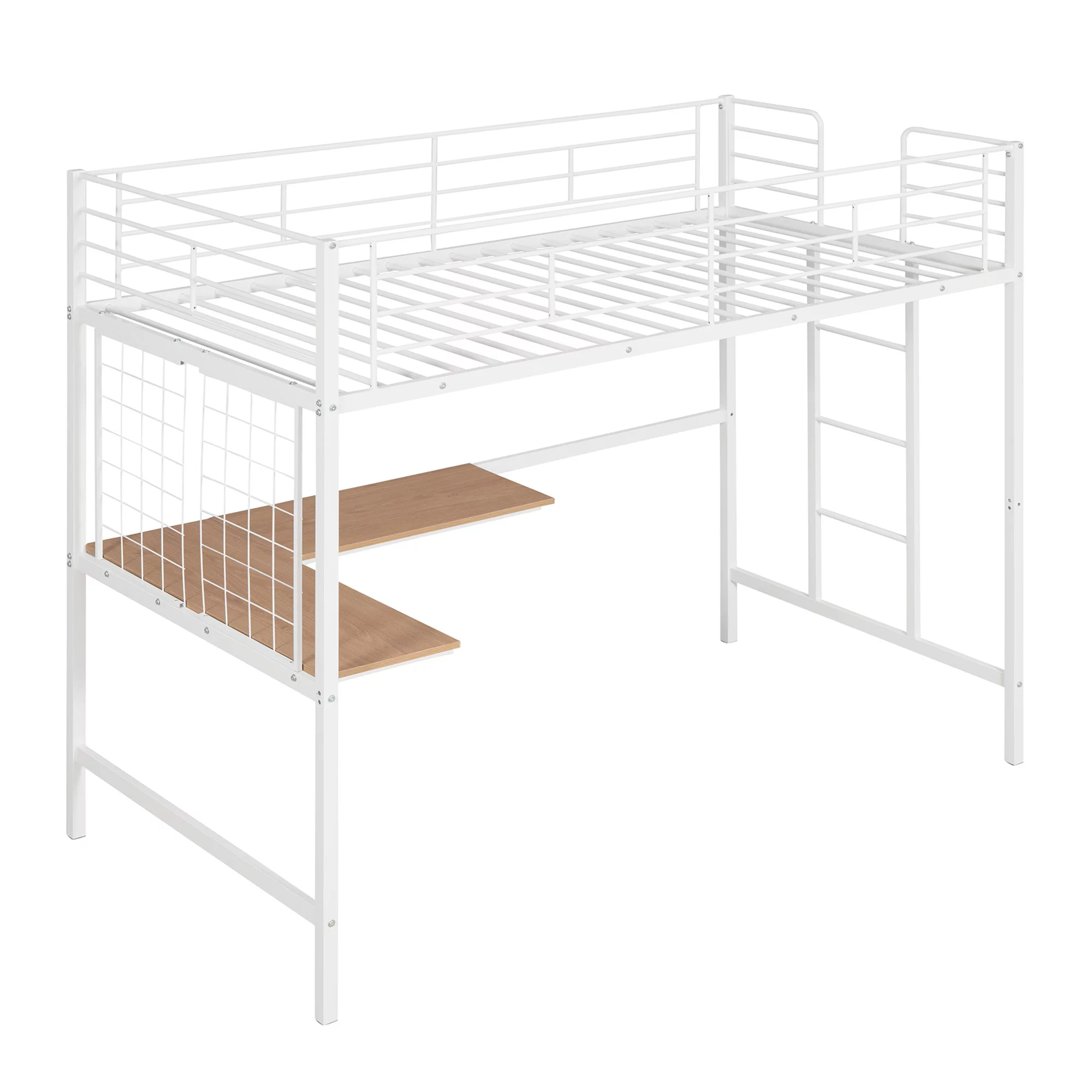Kuurfuurdo Twin Loft Bed with Desk for Teen, Metal Frames Bunk Bed with Grid, White