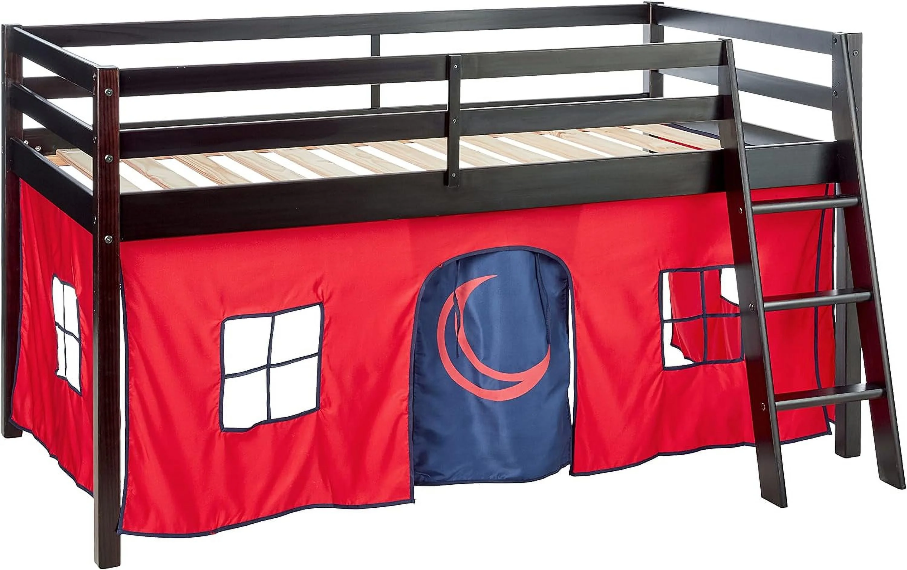 Wood Juior Lof Bed Wih Espresso Fiish & Red & Blue Boom e, Kids Furiure, Ideal For Small Bedrooms, Maress Ready, Sorage Beeah, Simple Assembly Required