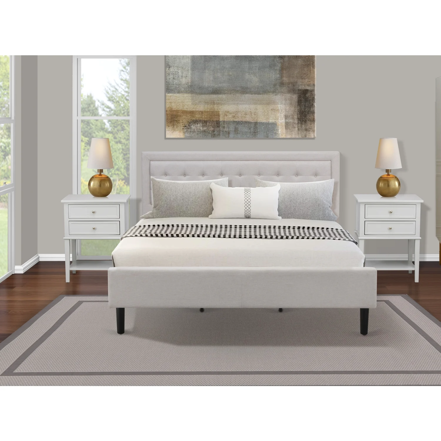 FN08K-2VL07 3-Piece Platform King Size Bedroom Set with 1 Mid Century Bed and 2 Night Stands - Reliable and Durable Manufacturing - Mist Beige Linen Fabric