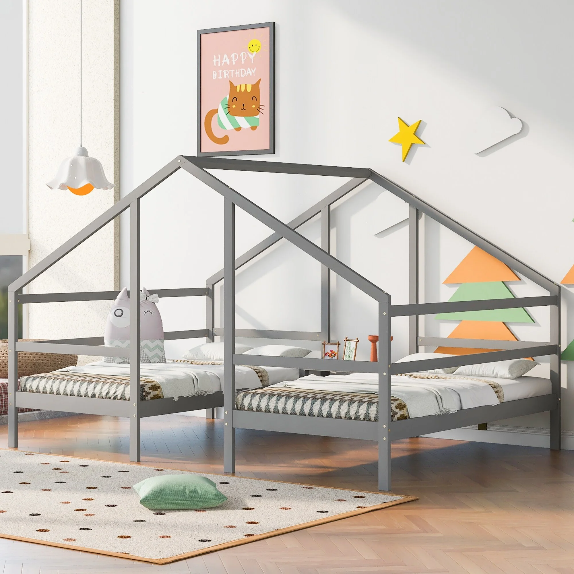 Nestfair Twin Size Double Triangular House Beds with Built-in Table Grey