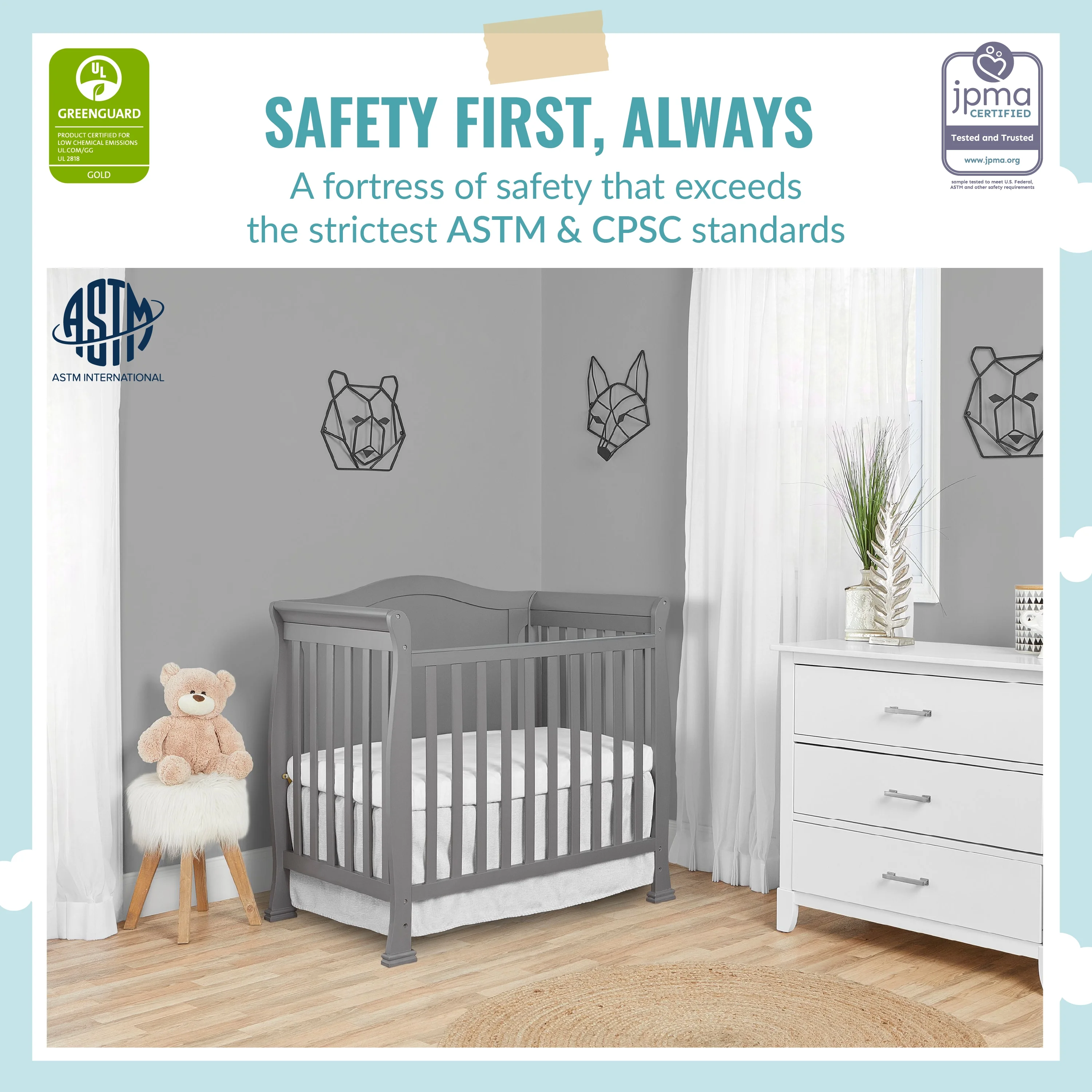 Dream On Me Naples Full Panel 4-in-1 Convertible Mini Crib, Storm Grey