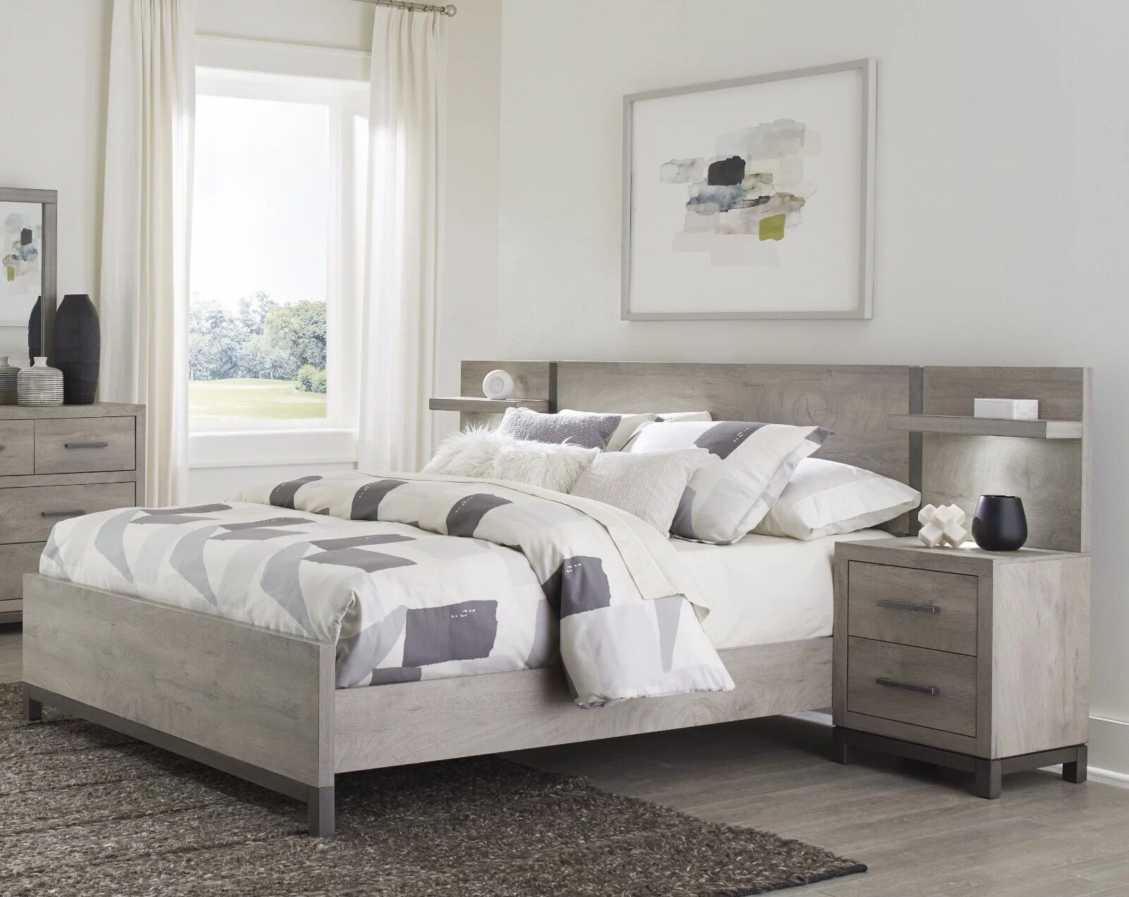 Modern Sleek Design 5pc Set Bedroom Furniture Full Bed and Two Nightstands with LED Light Wall Panels Light Gray Finish