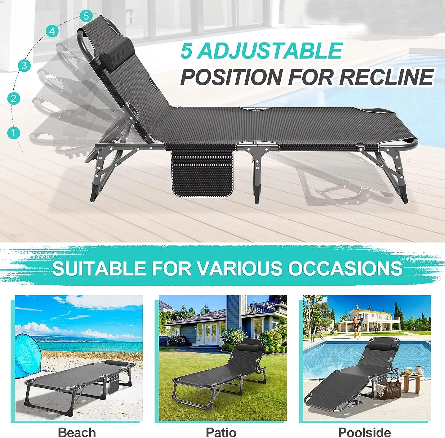 Slsy 2-Pack Folding Camping Cot with 2 Sided Mattress & Pillow, Adjustable 5-Position Folding Lounge Chair, Portable Sleeping Cots Bed