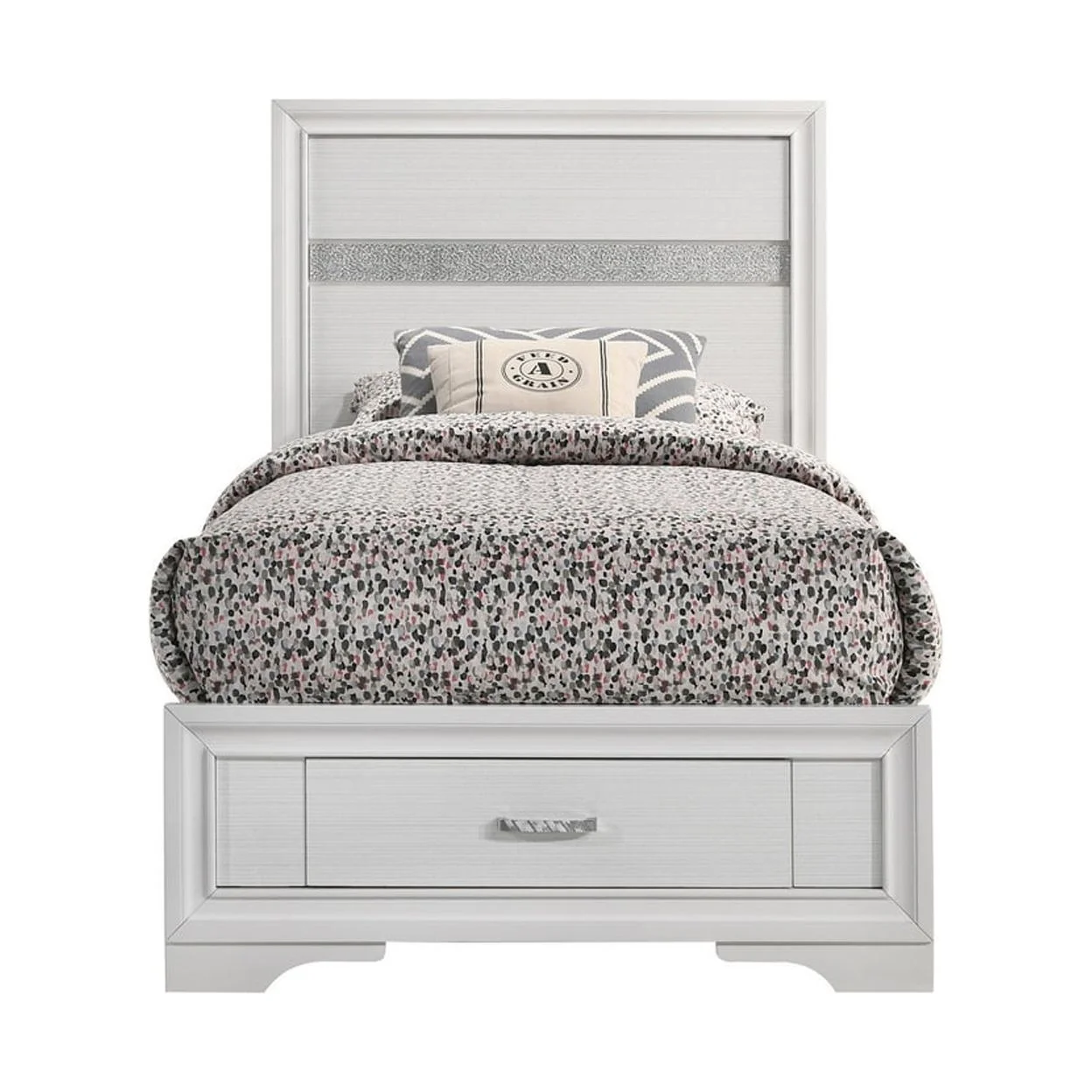 Vino Twin Size Panel Bed with 2 Storage Drawers Acrylic Glitter White- Saltoro Sherpi