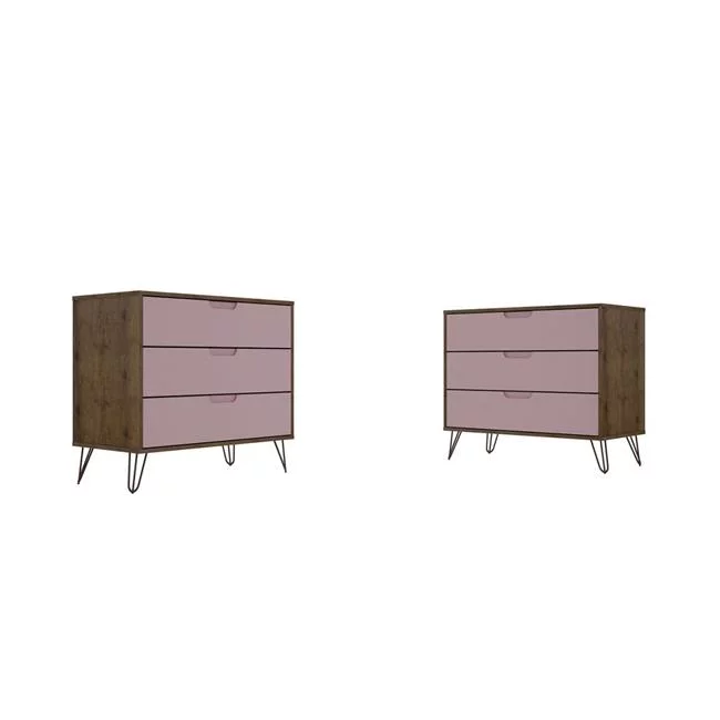 Manhattan Comfort Rockefeller 3-Drawer Nature & Rose Pink Dresser, 28.86 x 35.24 x 17.52 in. - Set of 2