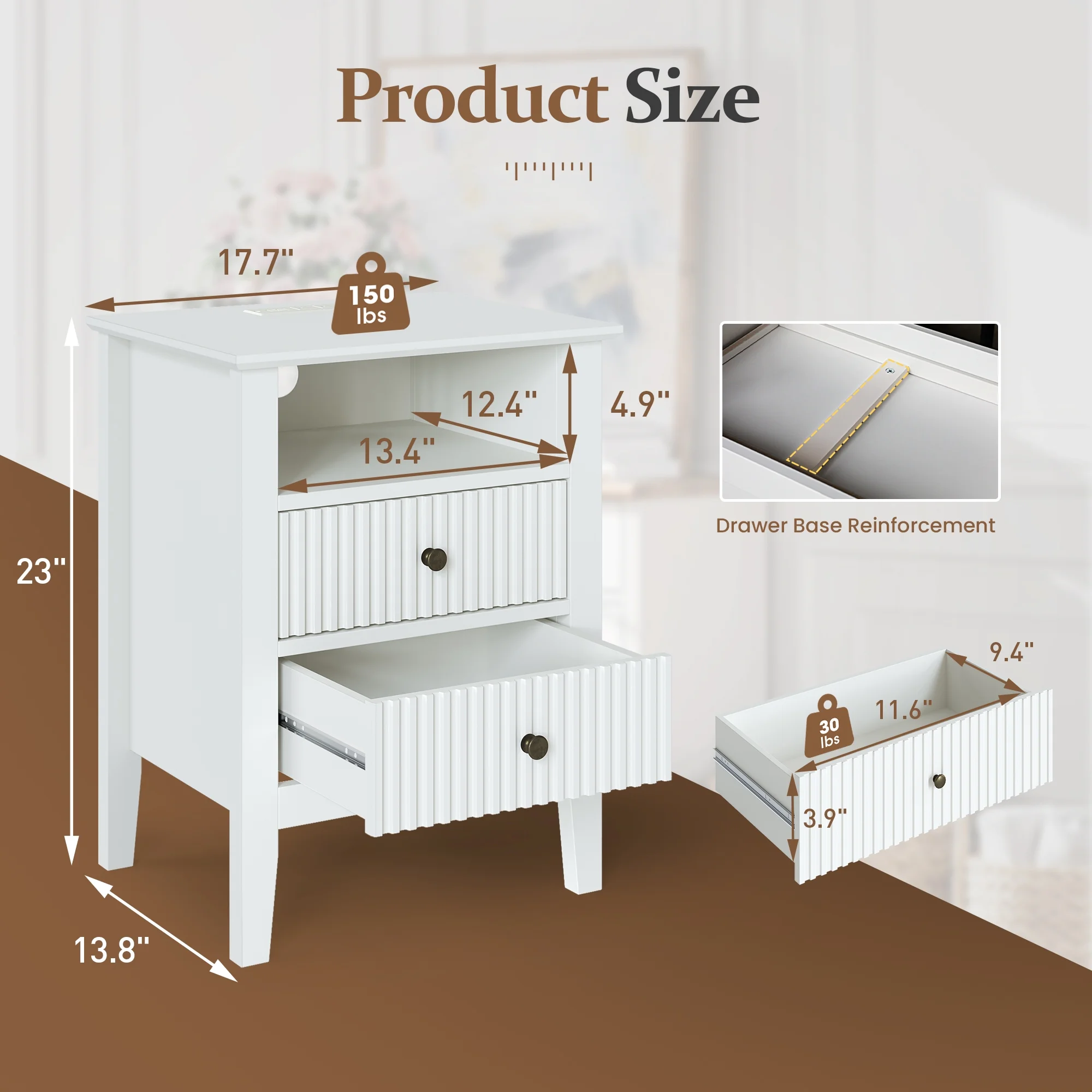 RoyalCraft Fluted Nightstand with Charging Station, White End Table with 2 Silent Slide Drawers & Storage Shelf,  Wood Night Stand Cabinet for Living Room, Bedroom