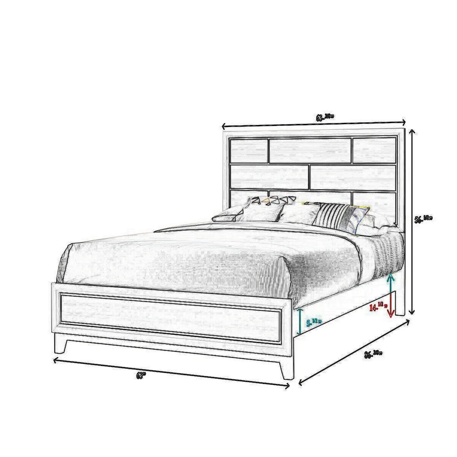 Benjara Asir Queen Size Bed, Geometric Panel Headboard, Modern White Wood Finish