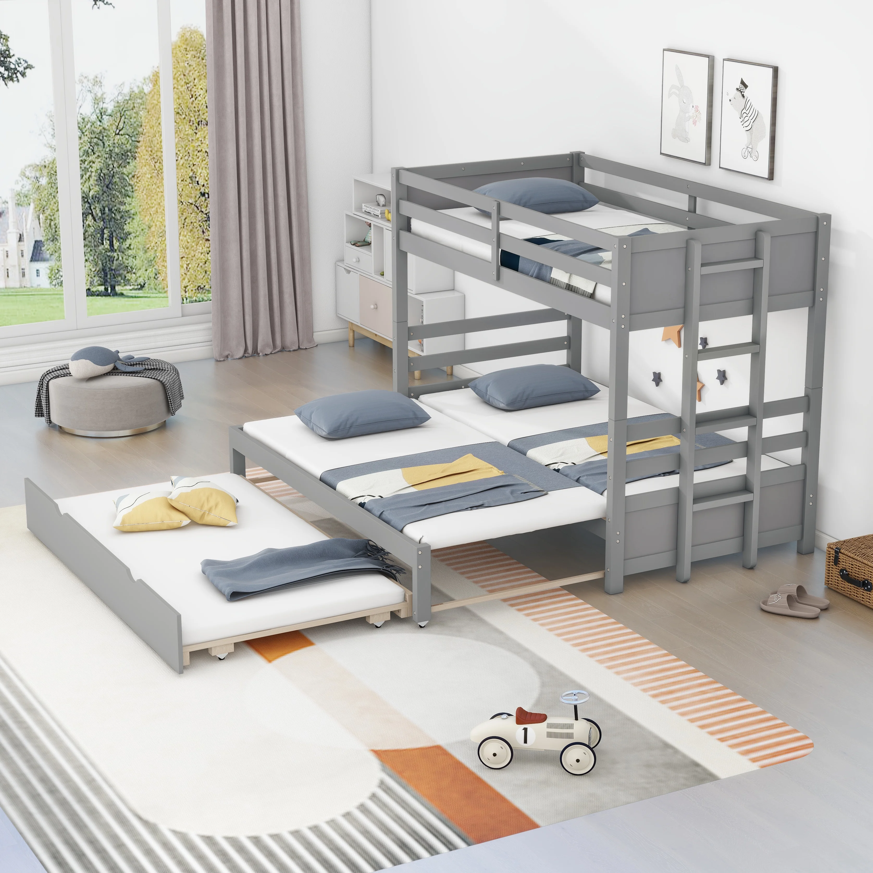CoSoTower Twin Over Pull-Out Bunk Bed with Trundle, Gray