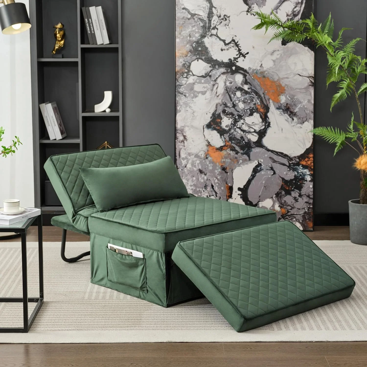 Folding Ottoman Sofa Bed, Convertible Chair 4 In 1 Multi-Function Ottoman, Couch Bed With 6 Position Adjustable Backrest, Imitation Flannel, Green