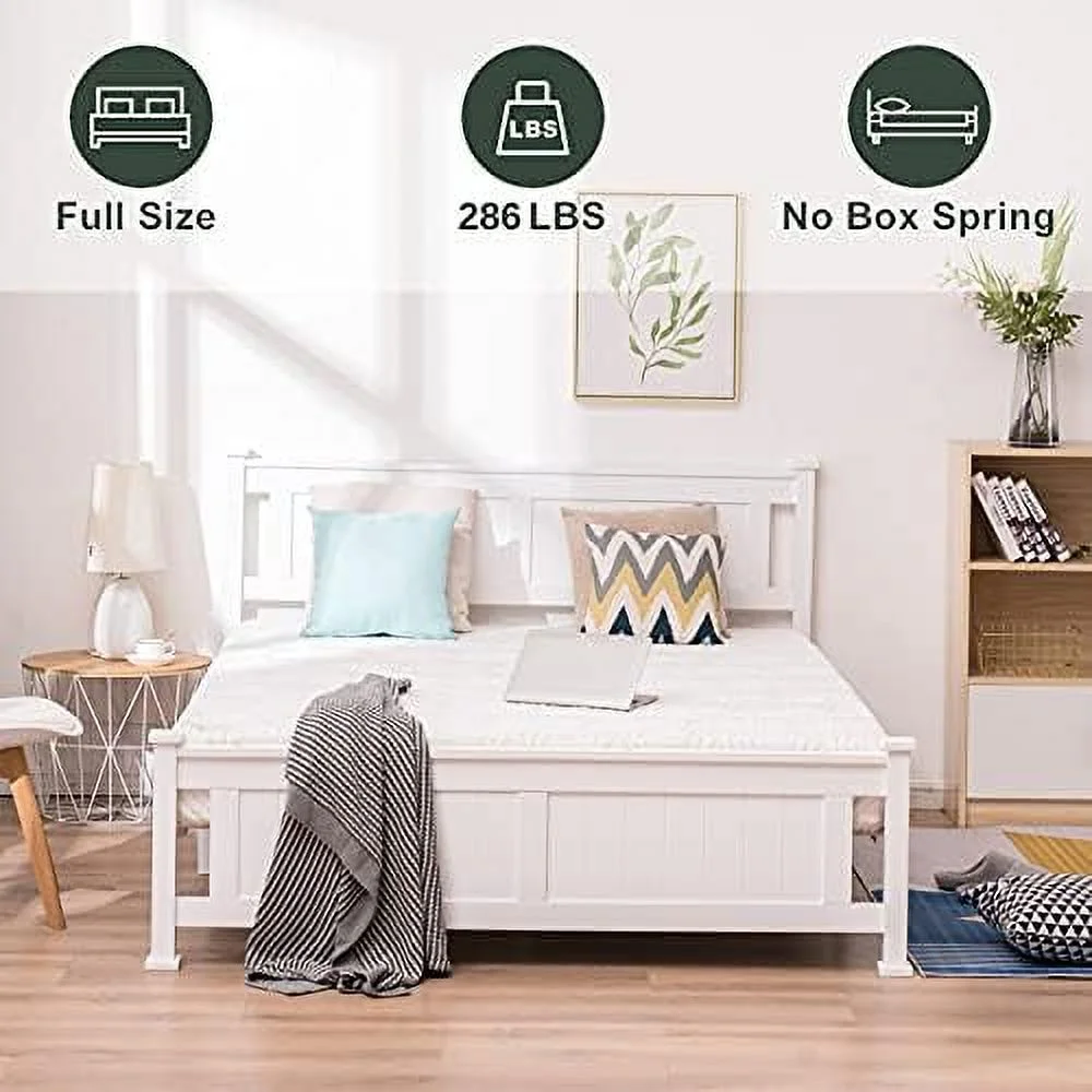 GEROBOOM White Full Bed Frame with Headboard Wood Platform  No Box Spring Needed