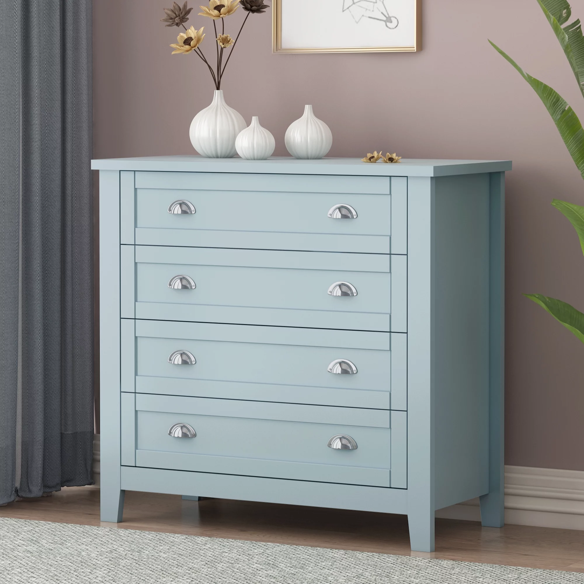 Drawer Dresser BAR CABINET side cabinet,buffet sideboard,buffet service counter, solid wood frame,plasticdoor panel,retro shell handle,applicable to dining room,living room, kitchen corridor,Blue-gray
