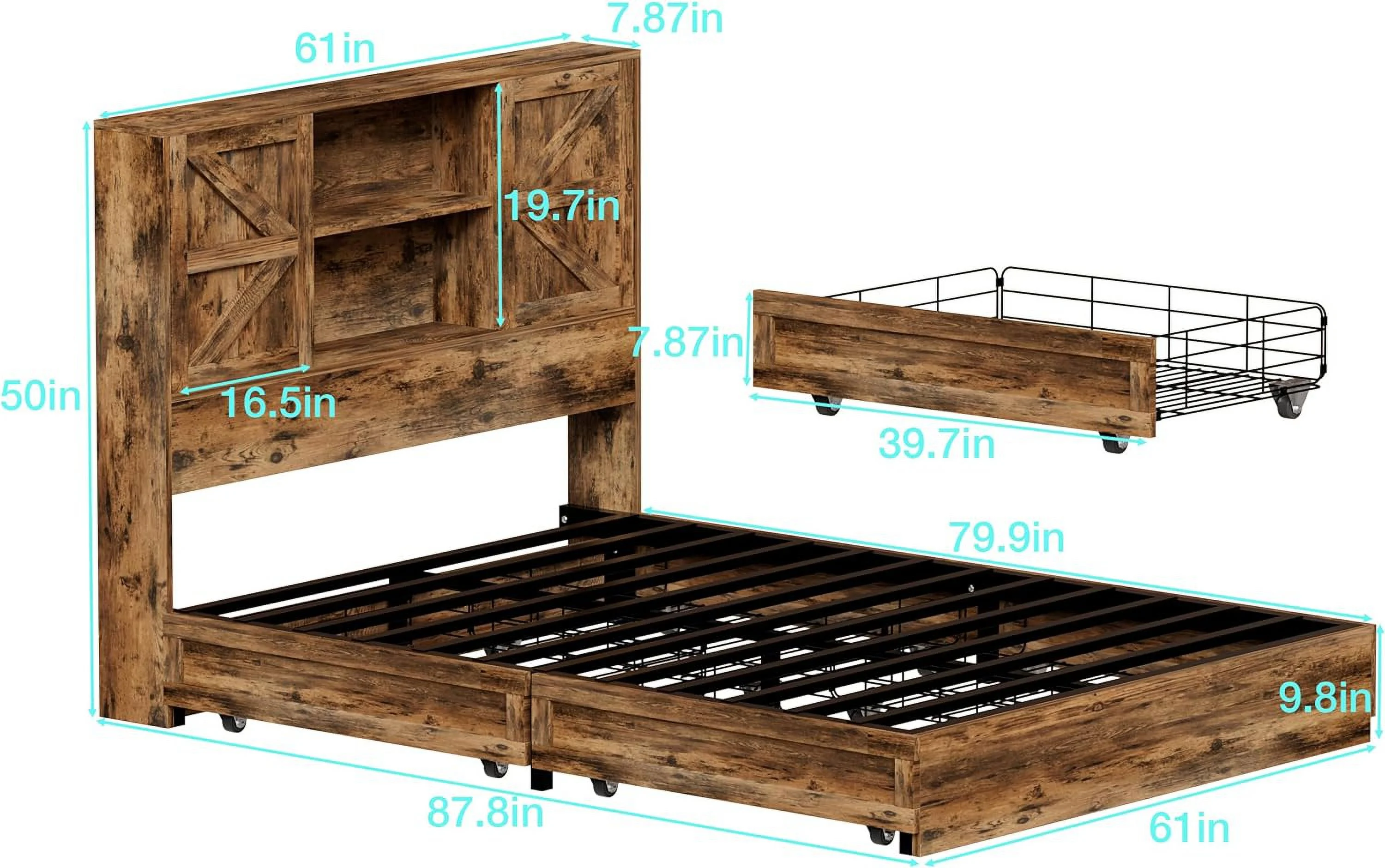 PAKASEPT Farmhouse Bed Frame Queen Size with Headboard, Wooden Platform Storage Bed Frames with Sliding Barn Door Bookcase Cabinets, 4 Drawers, Metal Slats Support/No Box Spring Needed
