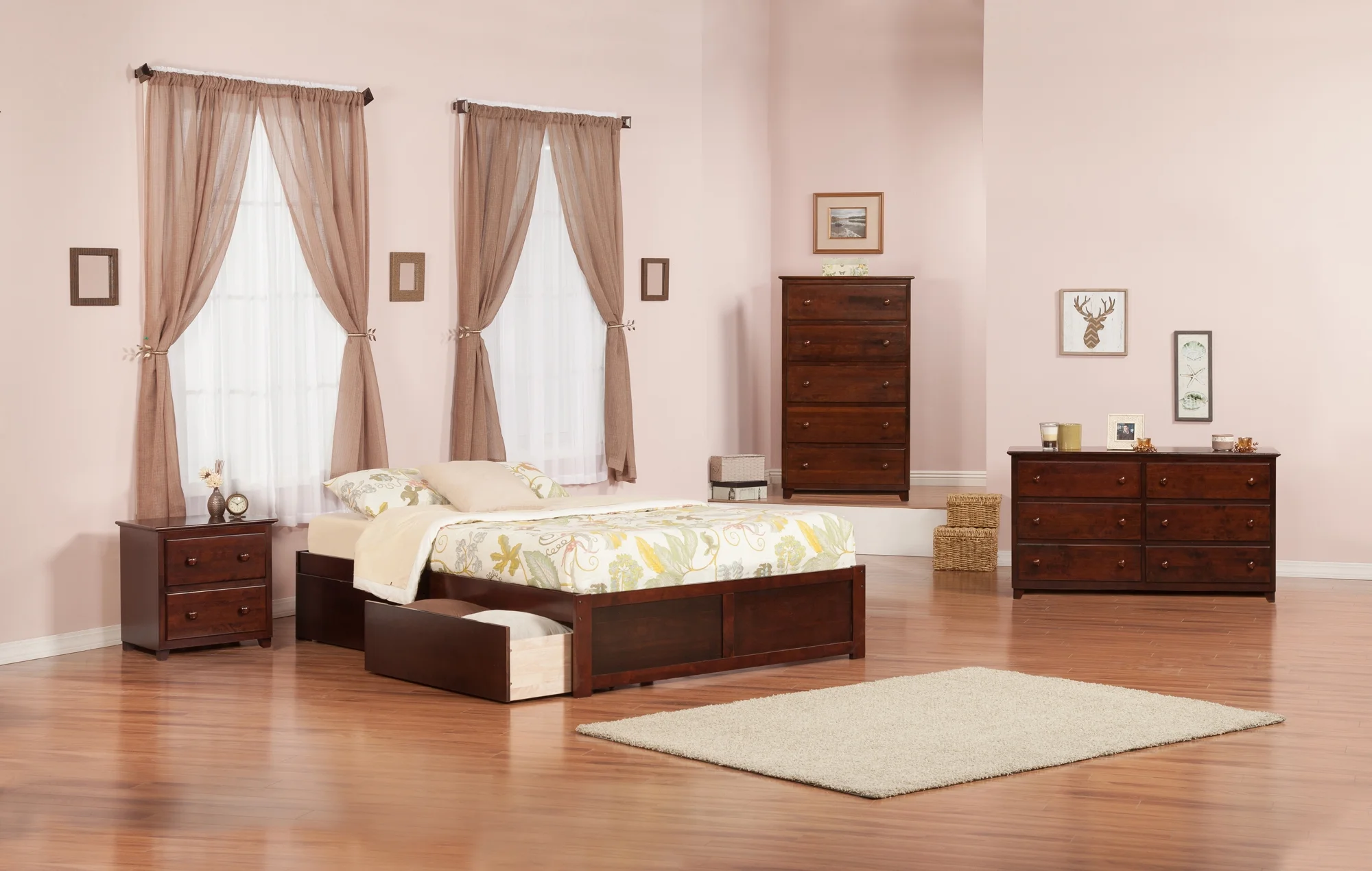 AFI Concord King Bed with Flat Panel Foot Board and 2 Flat Panel Bed Drawers in Walnut