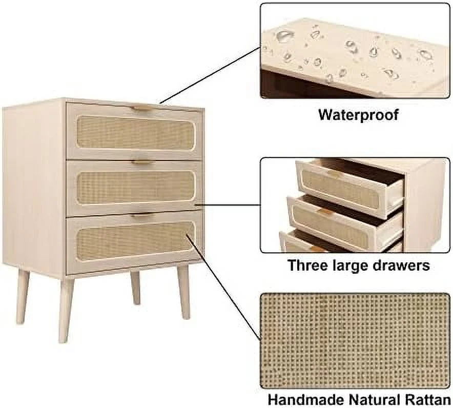HBBOOMLIFE Drawer Dresser Rattan Chest of Drawers with 3 Drawers Dresser Accent Cabinet Modern Bedside Table for Living Room Bedroom Entryway (White)