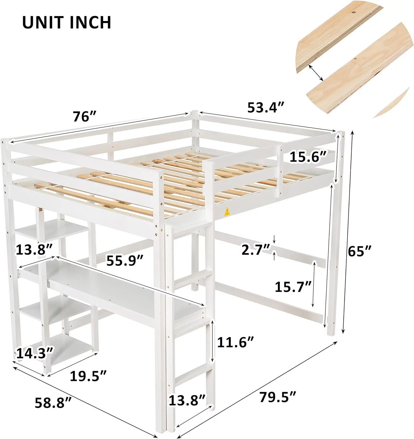 Full Size Loft Bed With Desk, Solid Wood Loft Bed Frame With Storage Shelves For Kids Tees Adults (White)