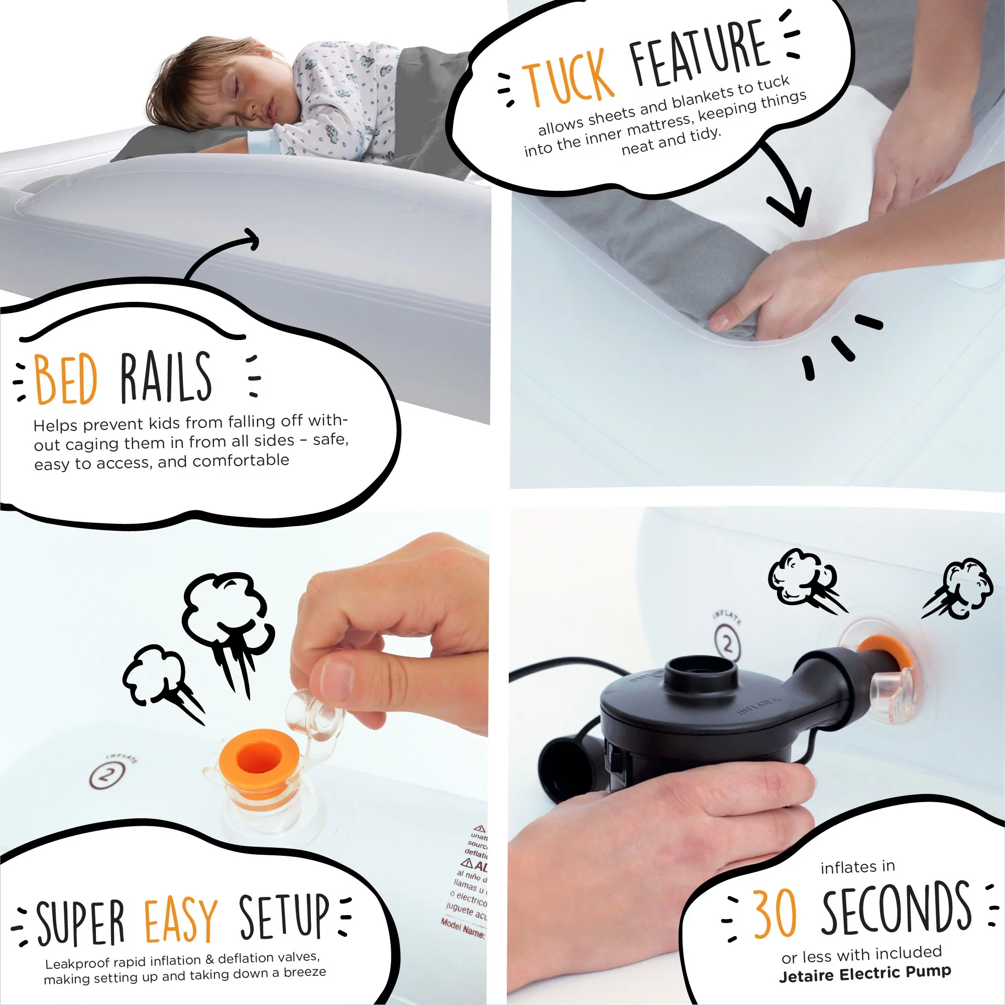 The Shrunks Toddler Inflatable Travel Bed with Waterproof Tencel Sheet & Pillowcase | Portable Air Mattress Blow Up Travel Bed with Security Bed Rails and Electric Pump - Toddler Floor Bed