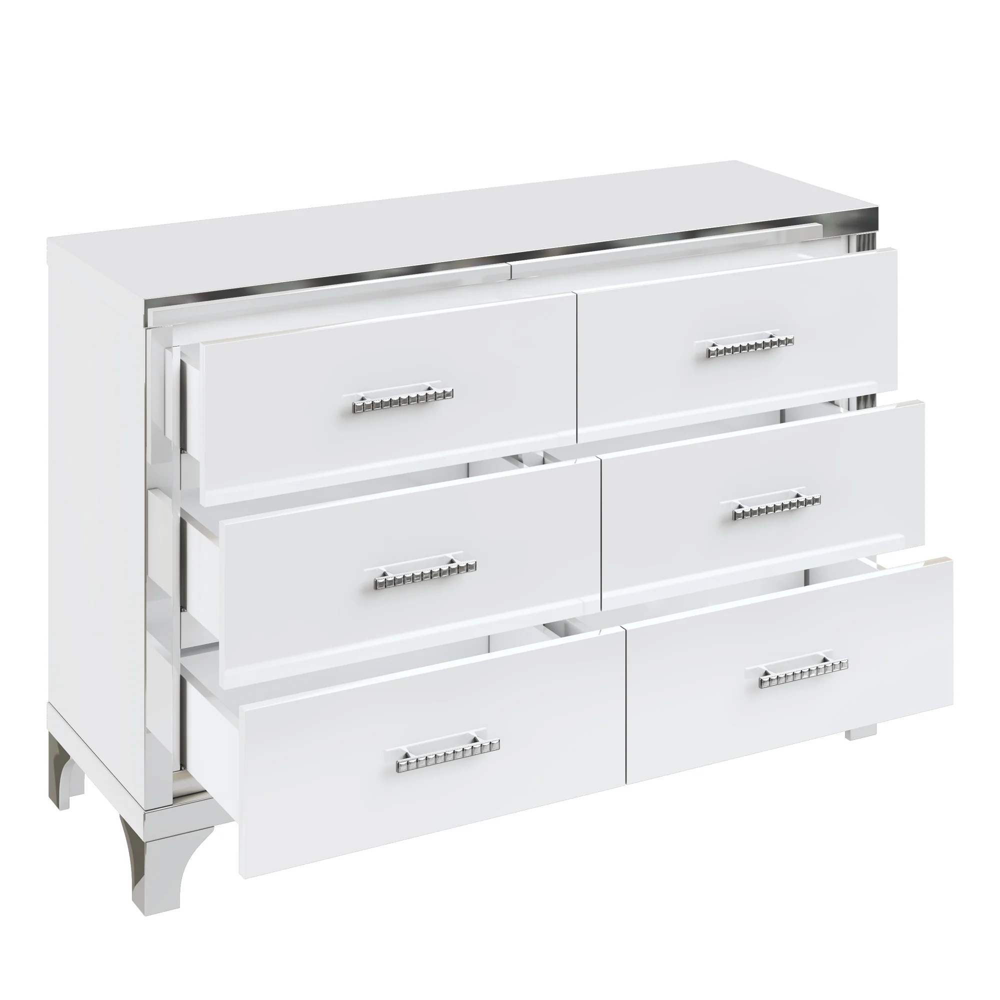 4-Pieces Bedroom Sets Queen Size Upholstered Bed with Three Drawers, High Gloss Mirrored Nightstands and Dresser with Metal handles and Legs, Beige
