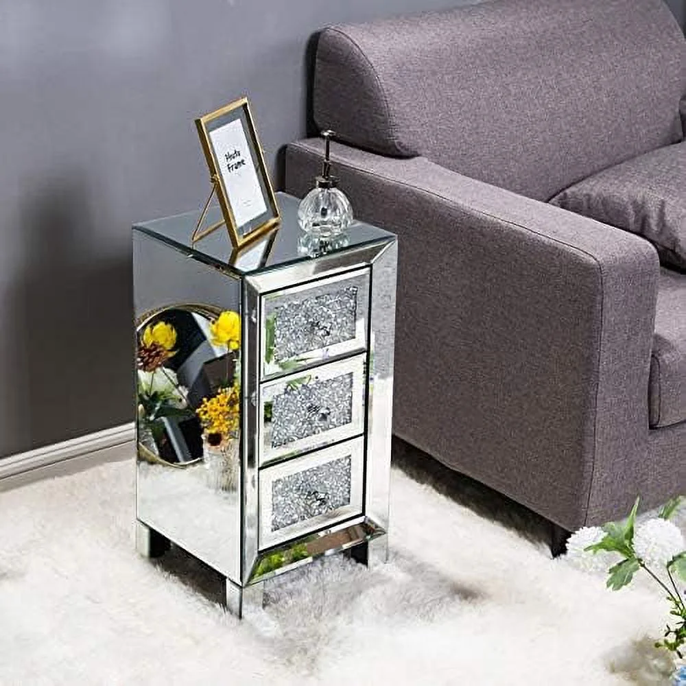 GEROBOOM Elegant Mirrored 3-Drawer Dresser with  Front Modern Silver Finish Bedroom Nightstand Stylish  Drawer Chest Organizer for Bedroom Living Room Hallway -Fully Assembled