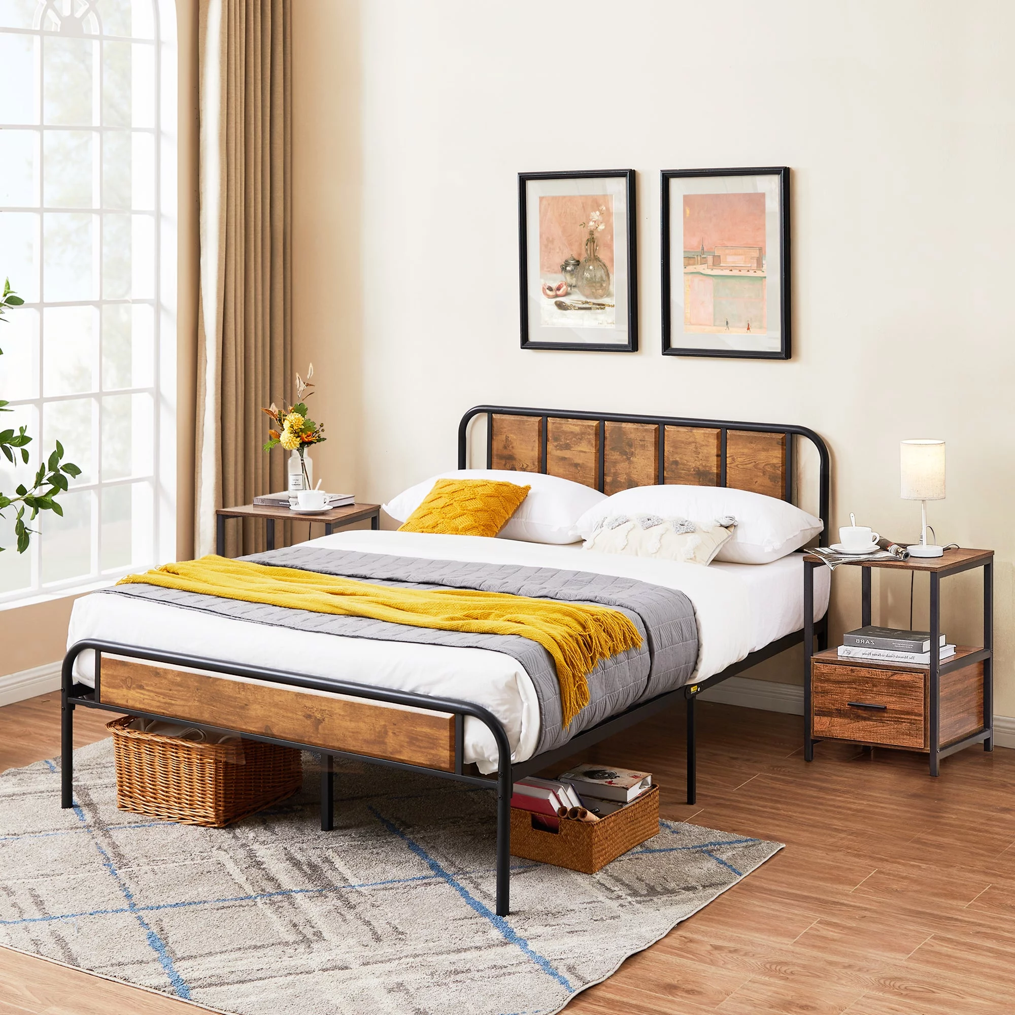 VECELO 3-Piece Bedroom Set with Queen Bed Frame + 2 Nightstands, Brown