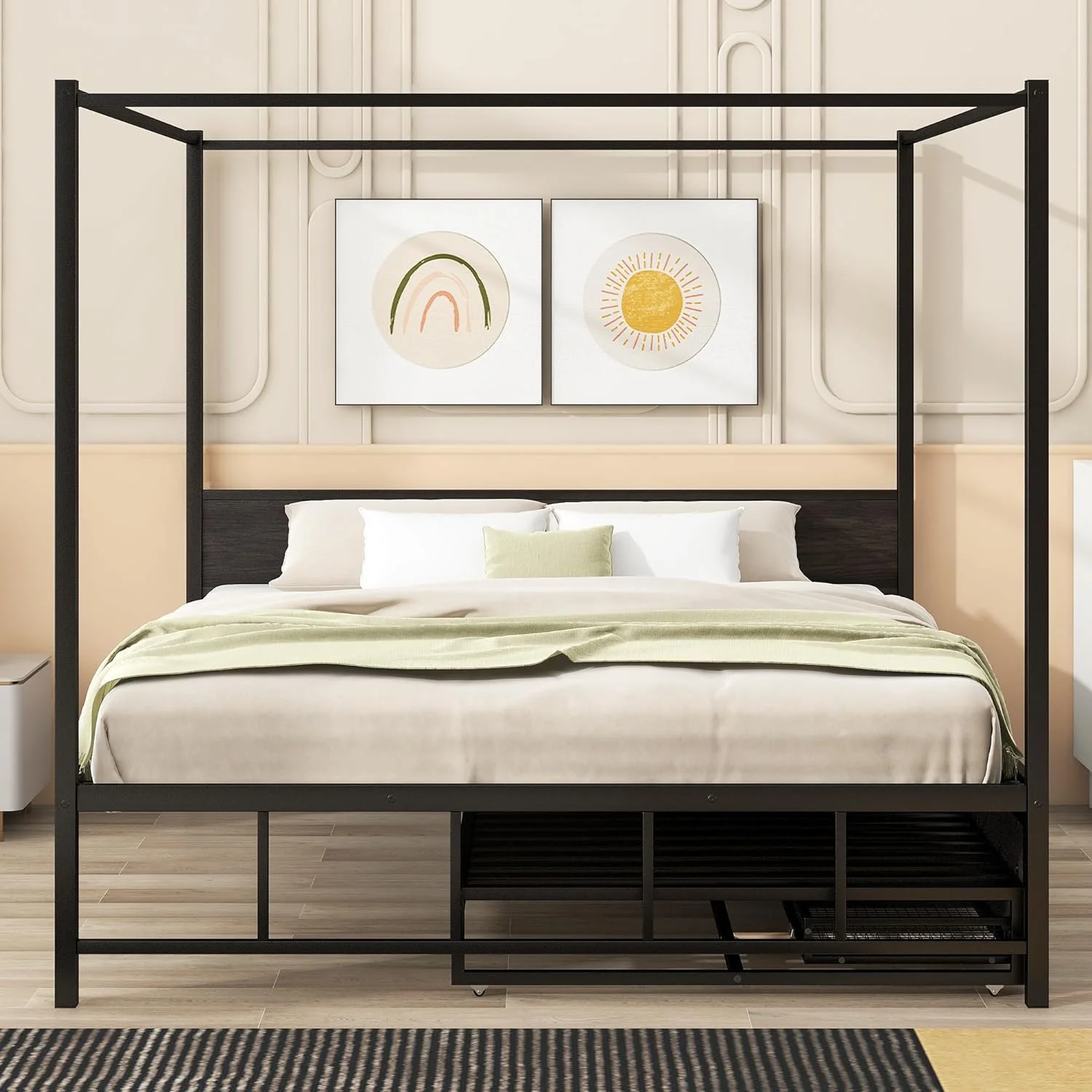 Queen Size Metal Canopy Platform Bed Frame for Boys Girls Kids Adults Toddler with Twin Size Trundle and 3 Storage Drawers