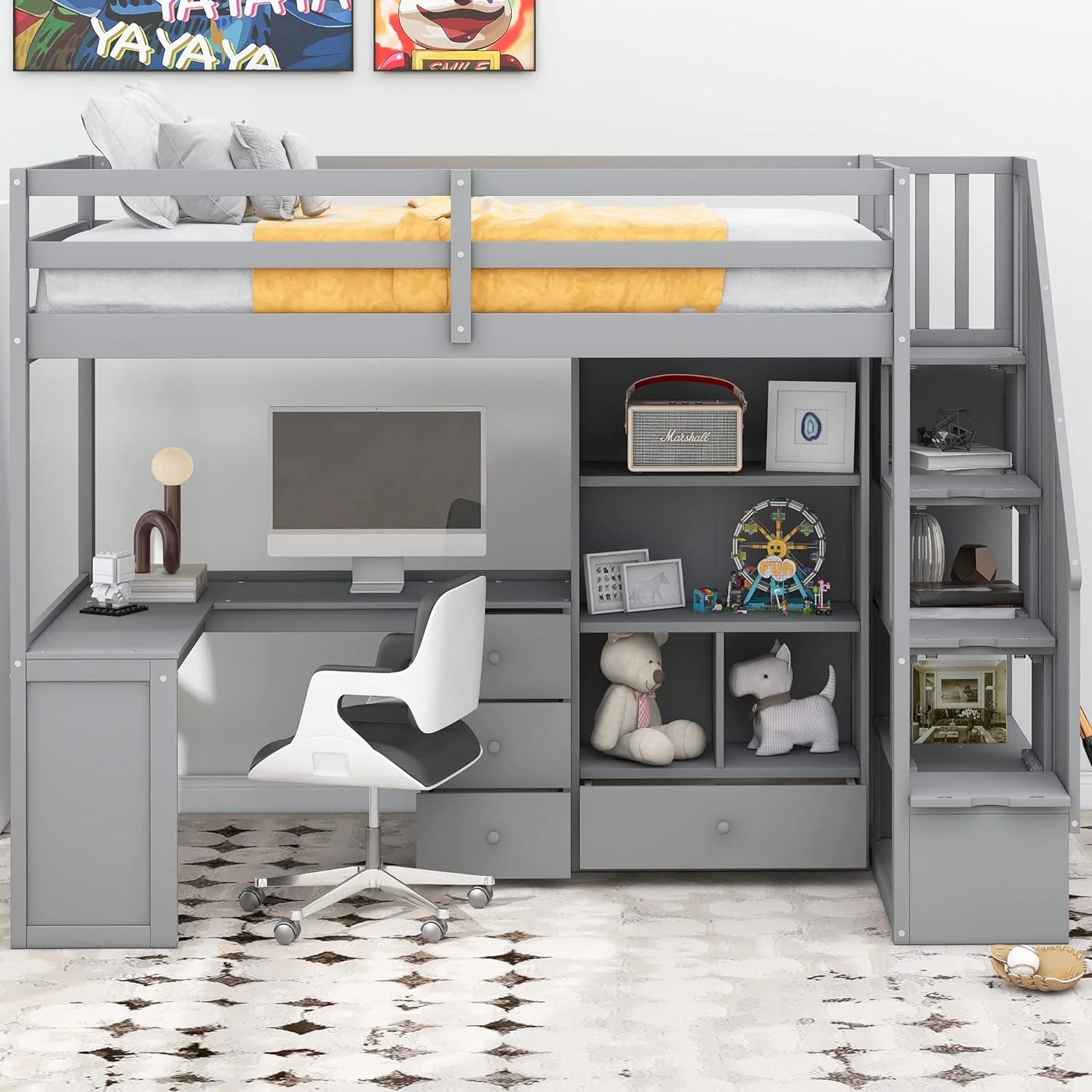 Size Loft Bed With Stairs Ad L-Shaped Desk, Wood Loft Bed With Storage Drawers Ad Cabiet, Loft Bed With Guardrails For Kids Girls Boys, Grey