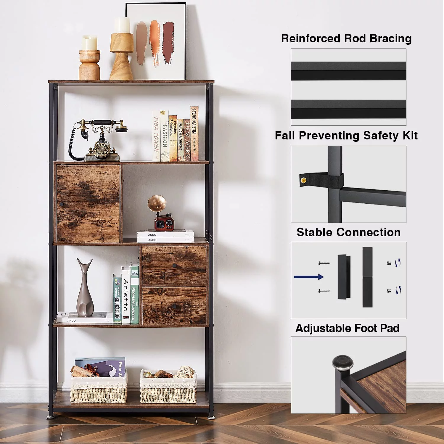 VECELO 4-Tier Bookshelf Display Decor Shelves, Rustic Industrial Wooden Bookcase with Drawer, Metal Frame, Brown