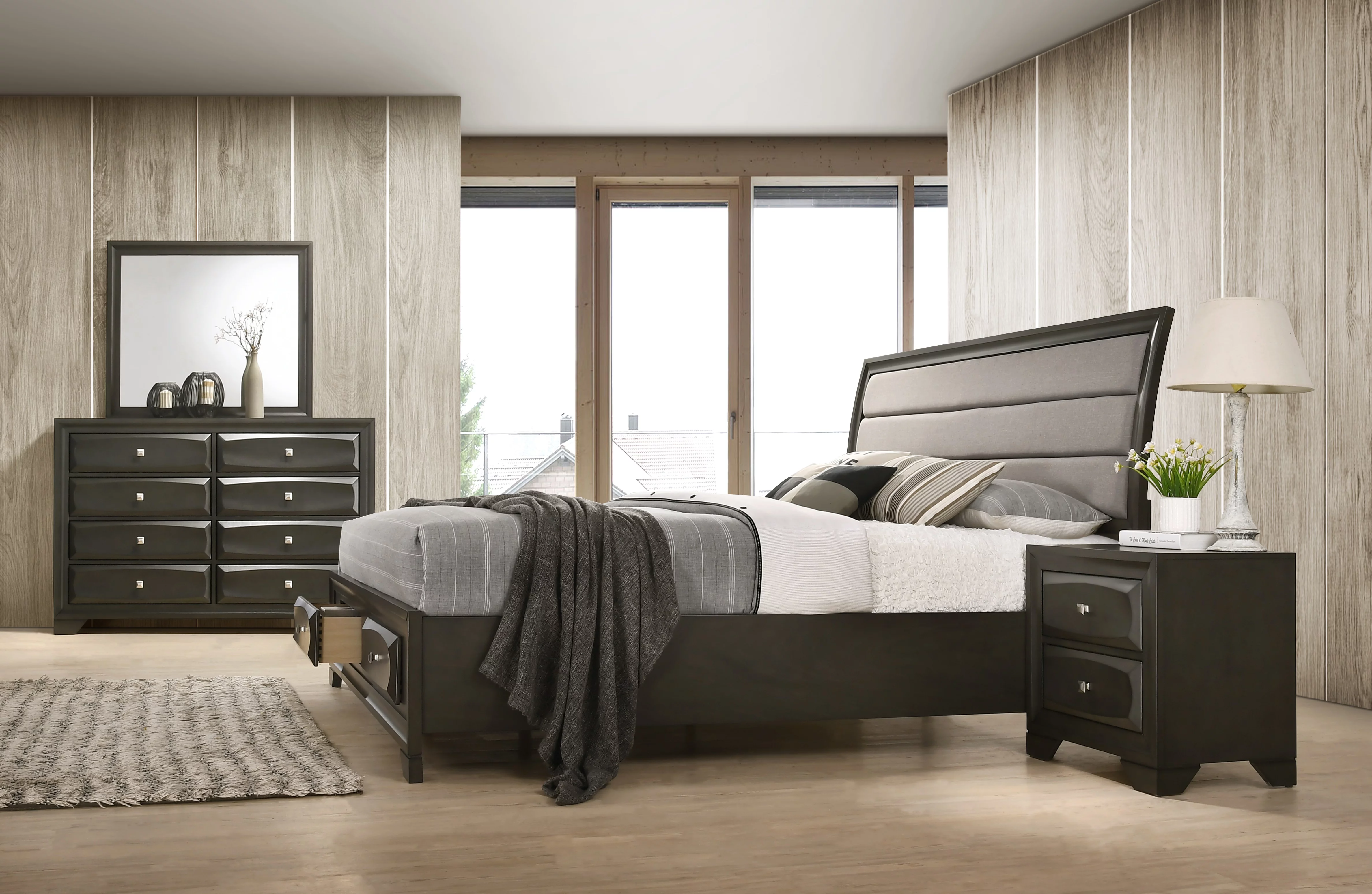 Asger Wood Bedroom Set with Upholstered Storage Bed, Dresser, Mirror, Nightstand, Chest, Queen Size, Antique Gray Finish