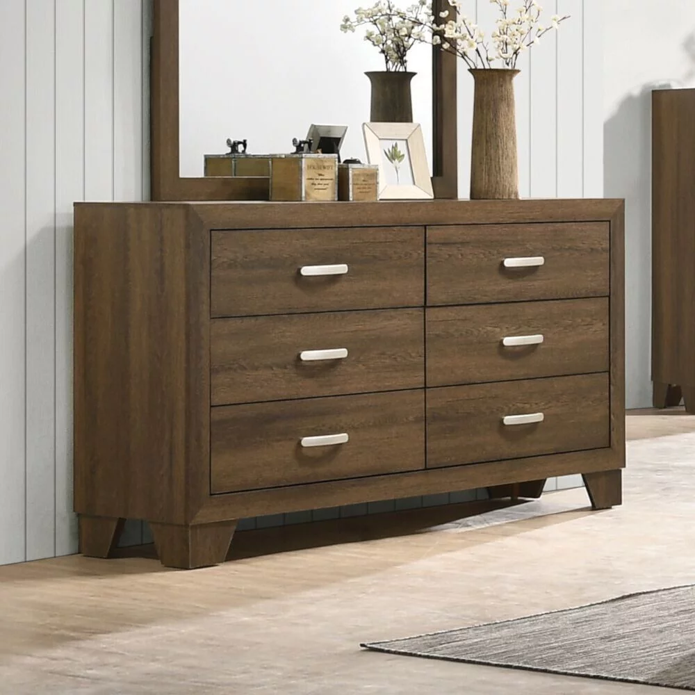 Contemporary Oak Finish Bedroom 4pc Set Queen Size Panel Bed Nightstand Dresser Mirror