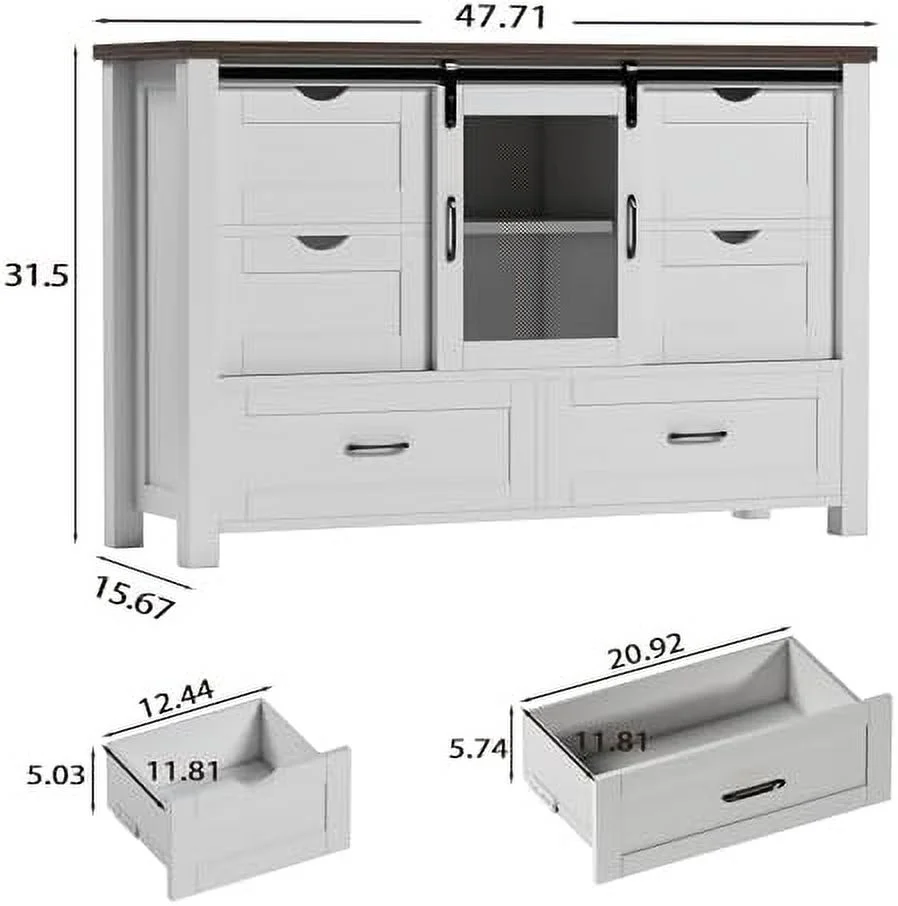 GEROBOOM 48" Farmhouse w/6 Drawers & Sliding Barn Doors White Dressers& Chests of Drawers 6 Drawer Dresser TV Stand for Bedroom Living Room