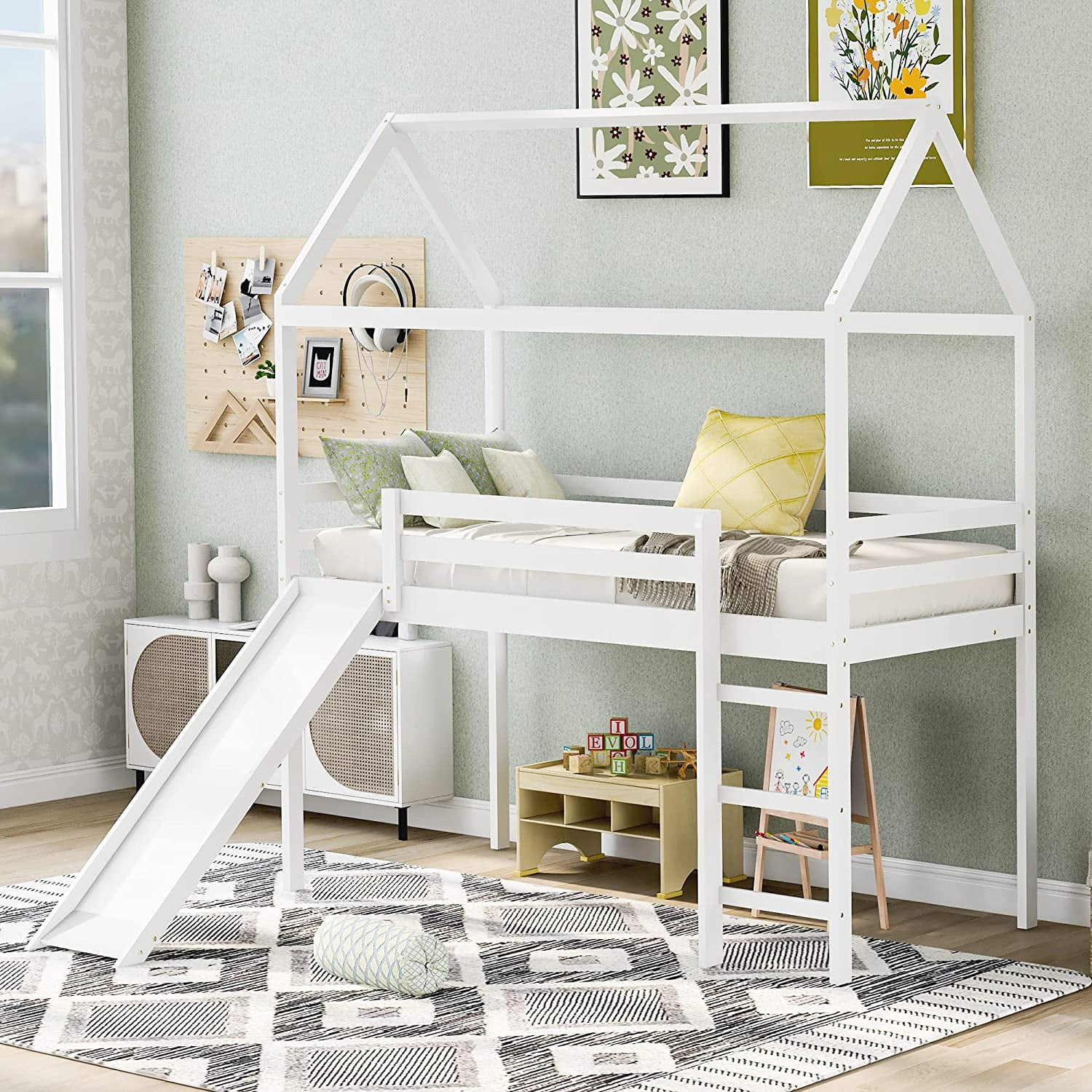 Full Size Loft Bed With Slide And Ladder, Wood House Bed Frame With Roof For Kids Boys Girls, White