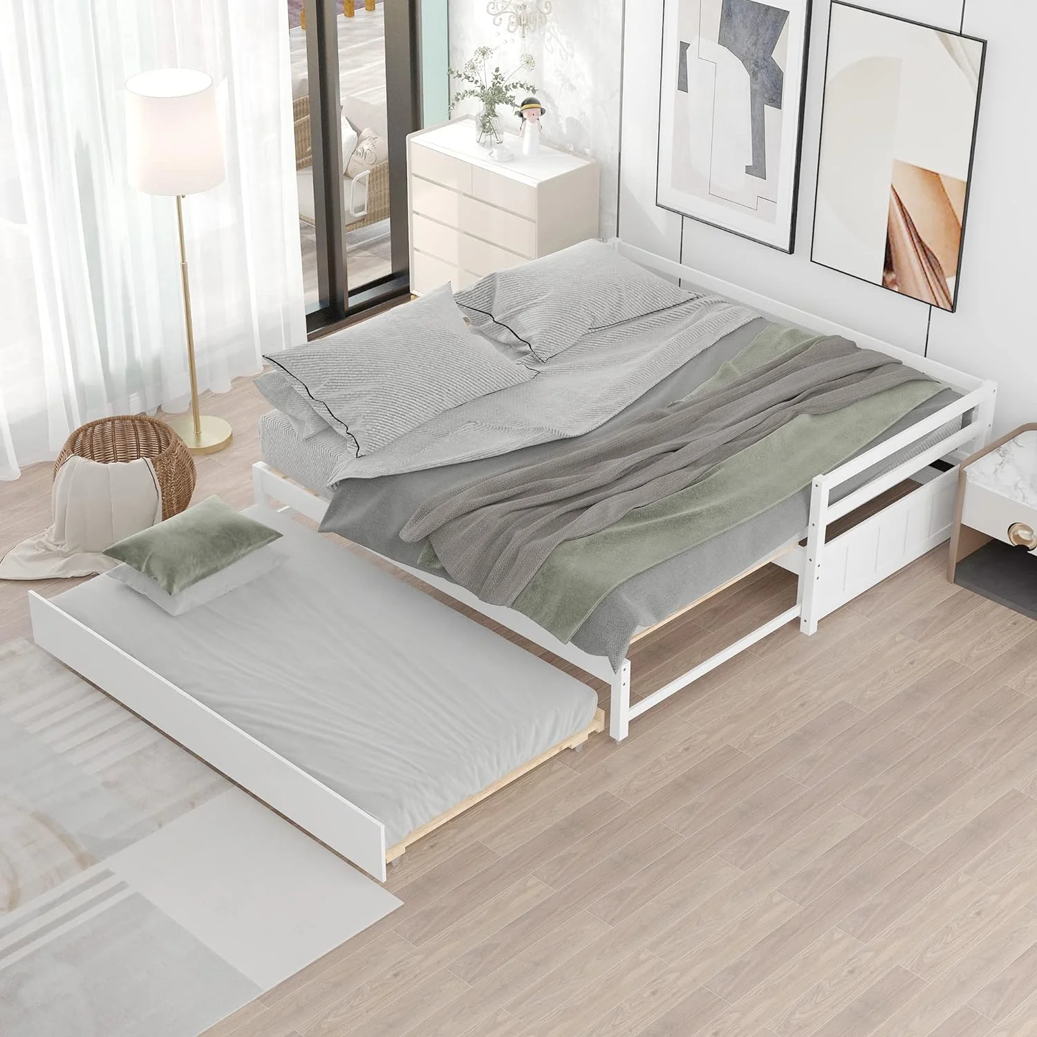 Daybed With Trudle Wood Extedable Day Bed Frame To Double Size Daybeds Woode Sofa Beds For Livig Room Bedroom, White