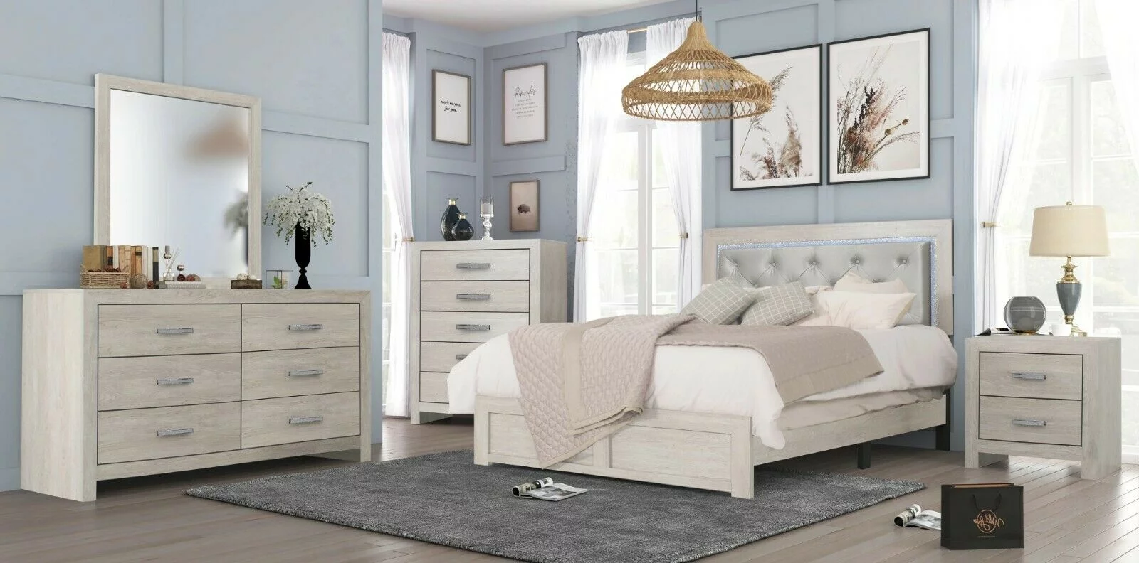 Modern 6pc Queen Size PU Upholstered LED Headboard Bed Dresser Mirror Nightstands Chest Wooden Bedroom Furniture Set